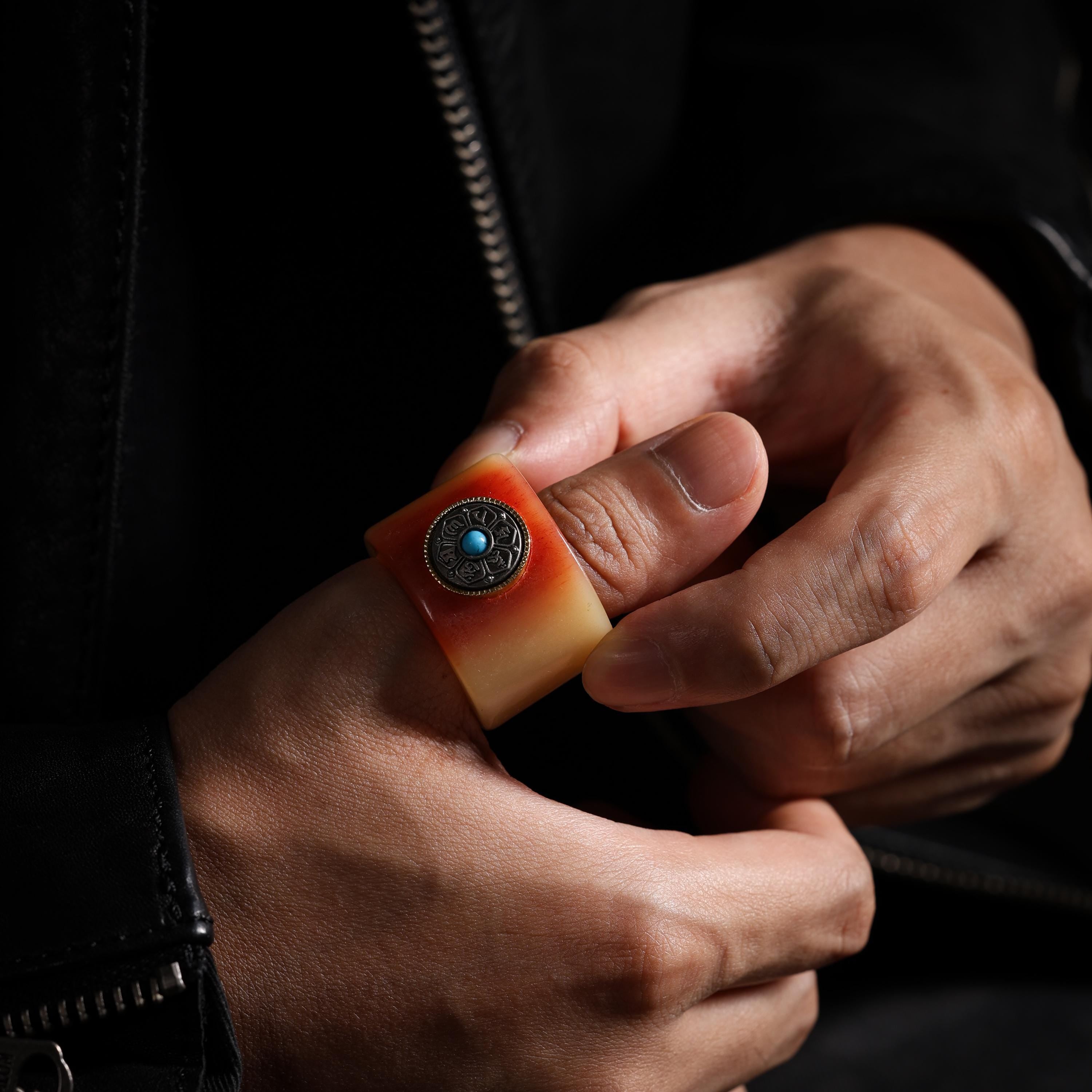 AURA DEER Red-Toned Yak Bone Turquoise Mantra Thumb Ring