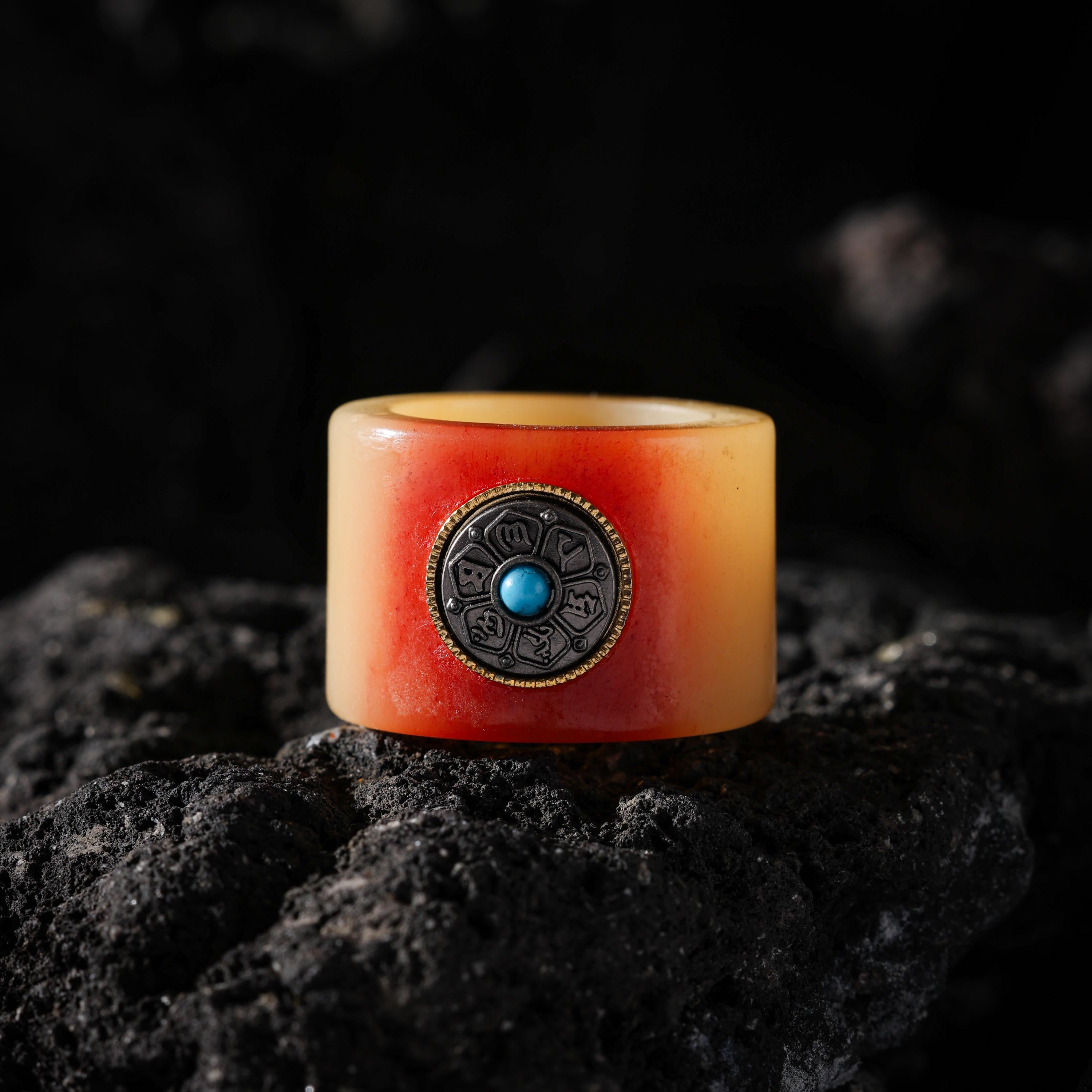 AURA DEER Red-Toned Yak Bone Turquoise Mantra Thumb Ring