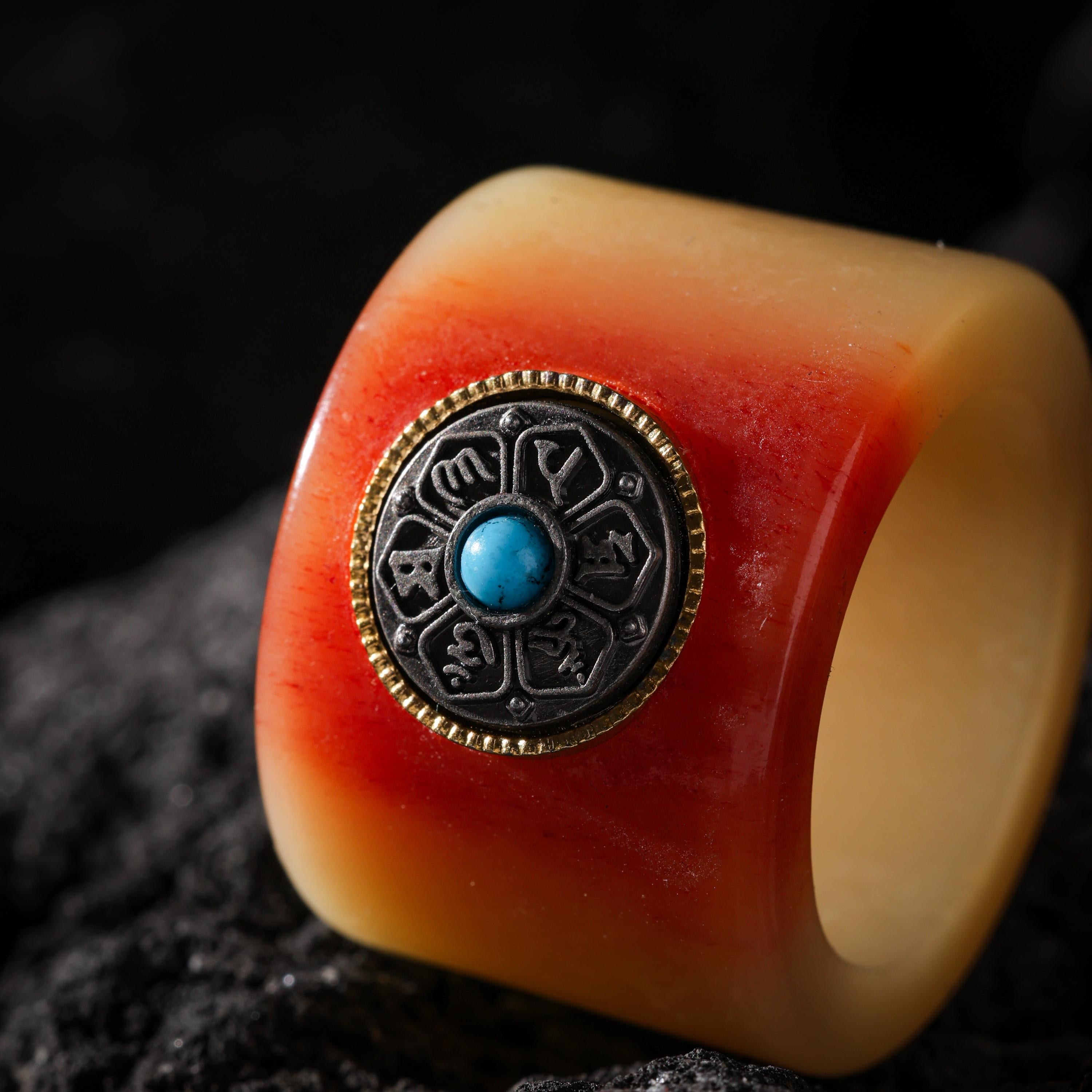 AURA DEER Red-Toned Yak Bone Turquoise Mantra Thumb Ring
