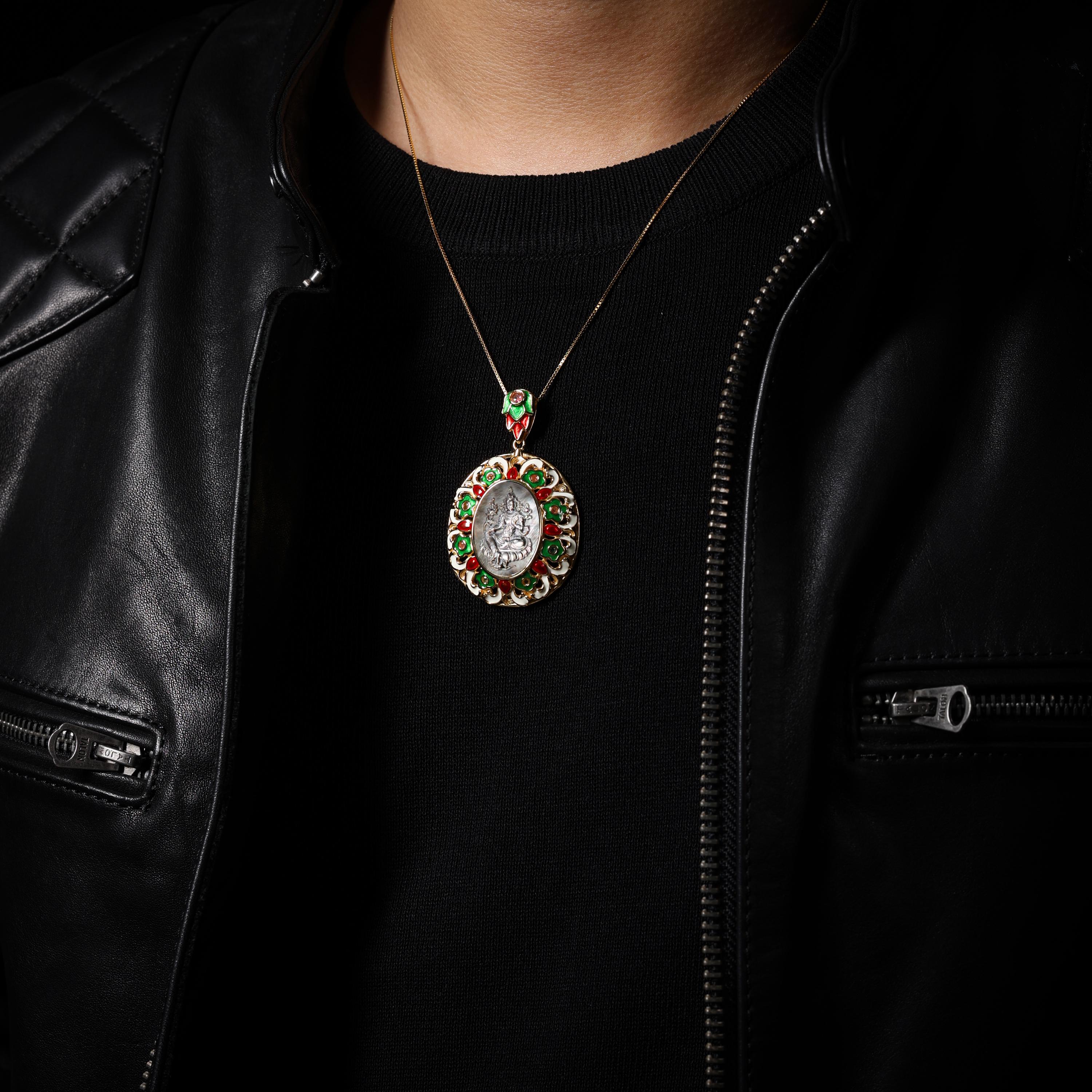 AURA DEER Green Tara Enamel Black Shell Pendant Sterling Silver Necklace