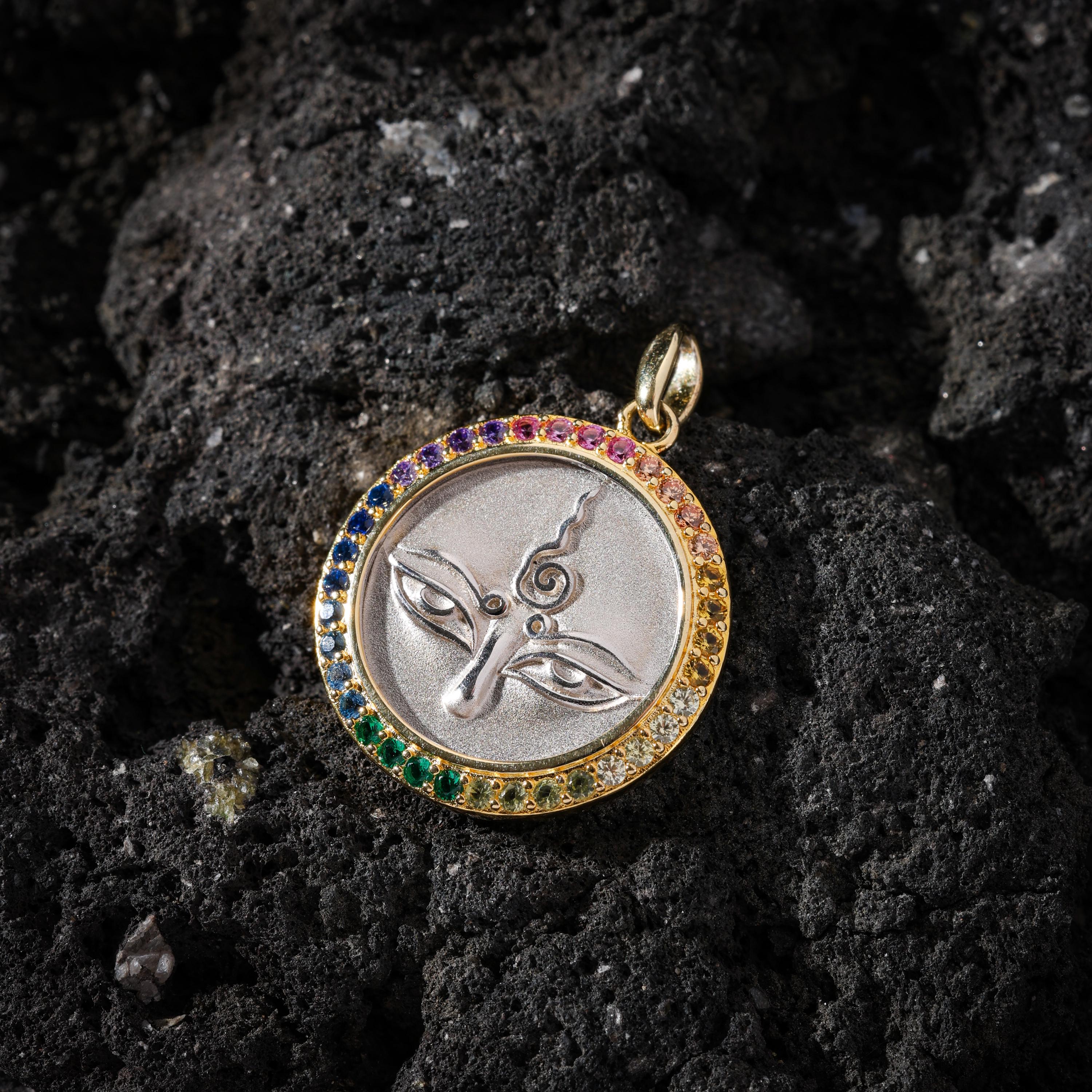 AURA DEER Green Tara Eye Talisman Necklace Sterling Silver 24K Gold-Plated Pendant