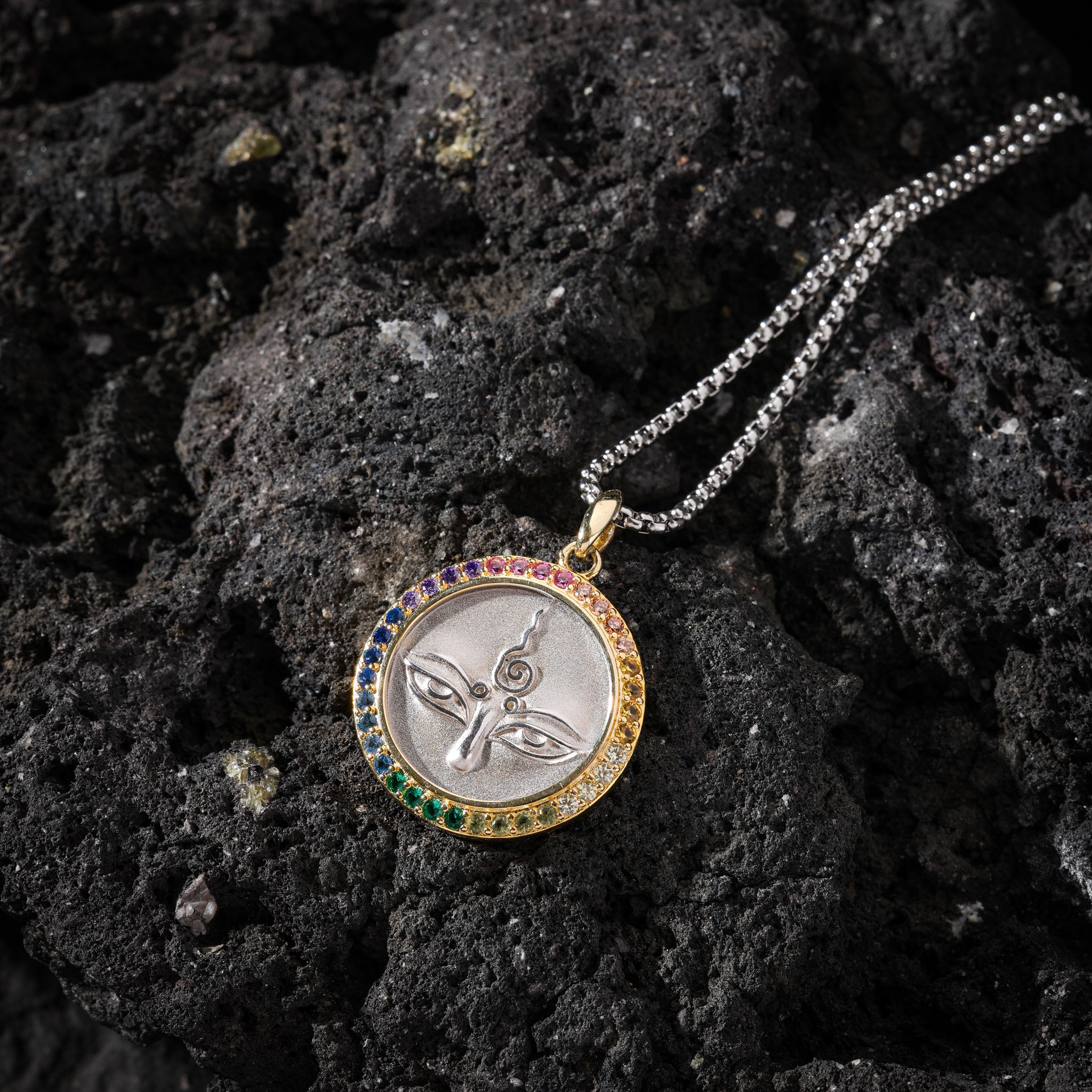 AURA DEER Green Tara Eye Talisman Necklace Sterling Silver 24K Gold-Plated Pendant