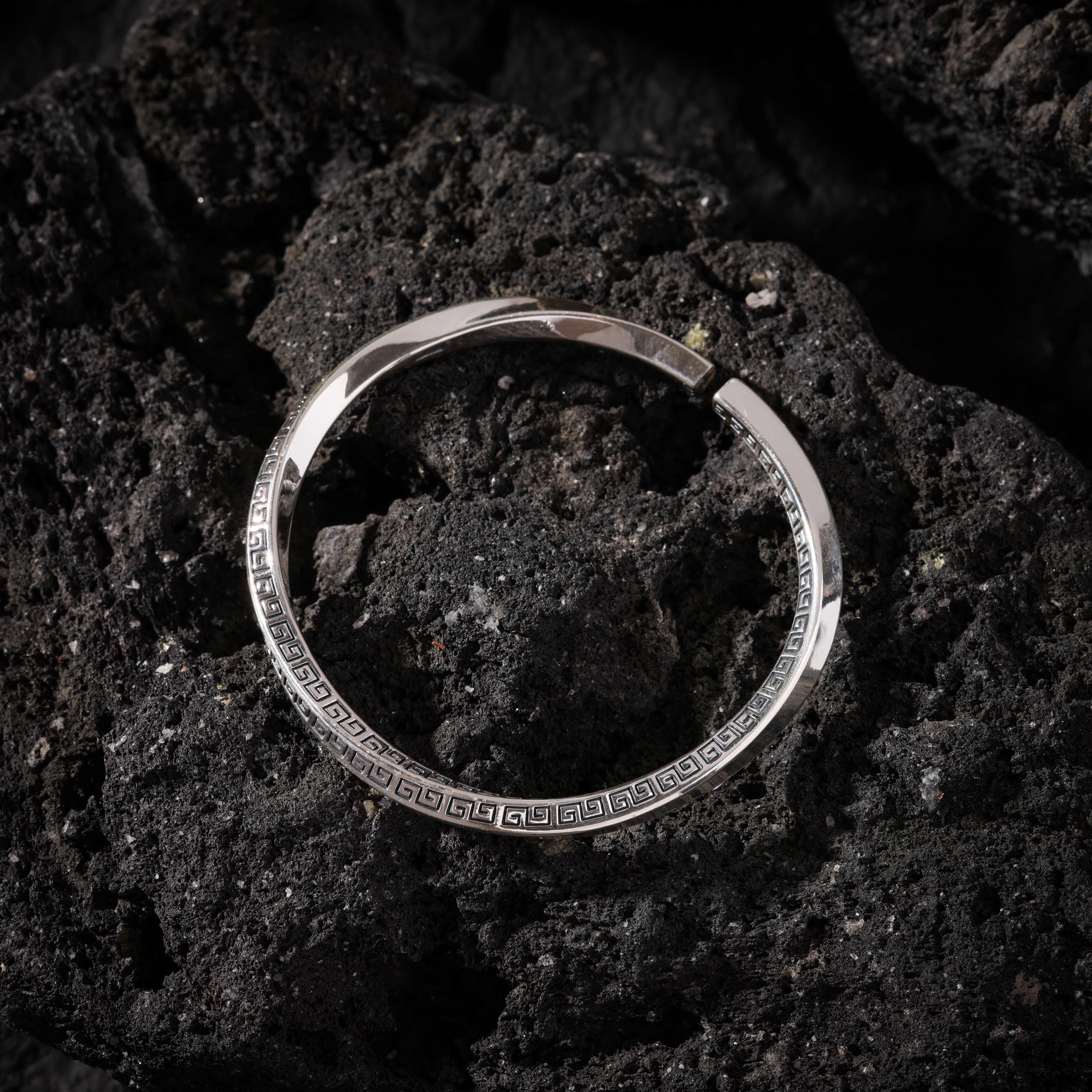 AURA DEER Key-Fret Fine Silver Open Cuff Bracelet