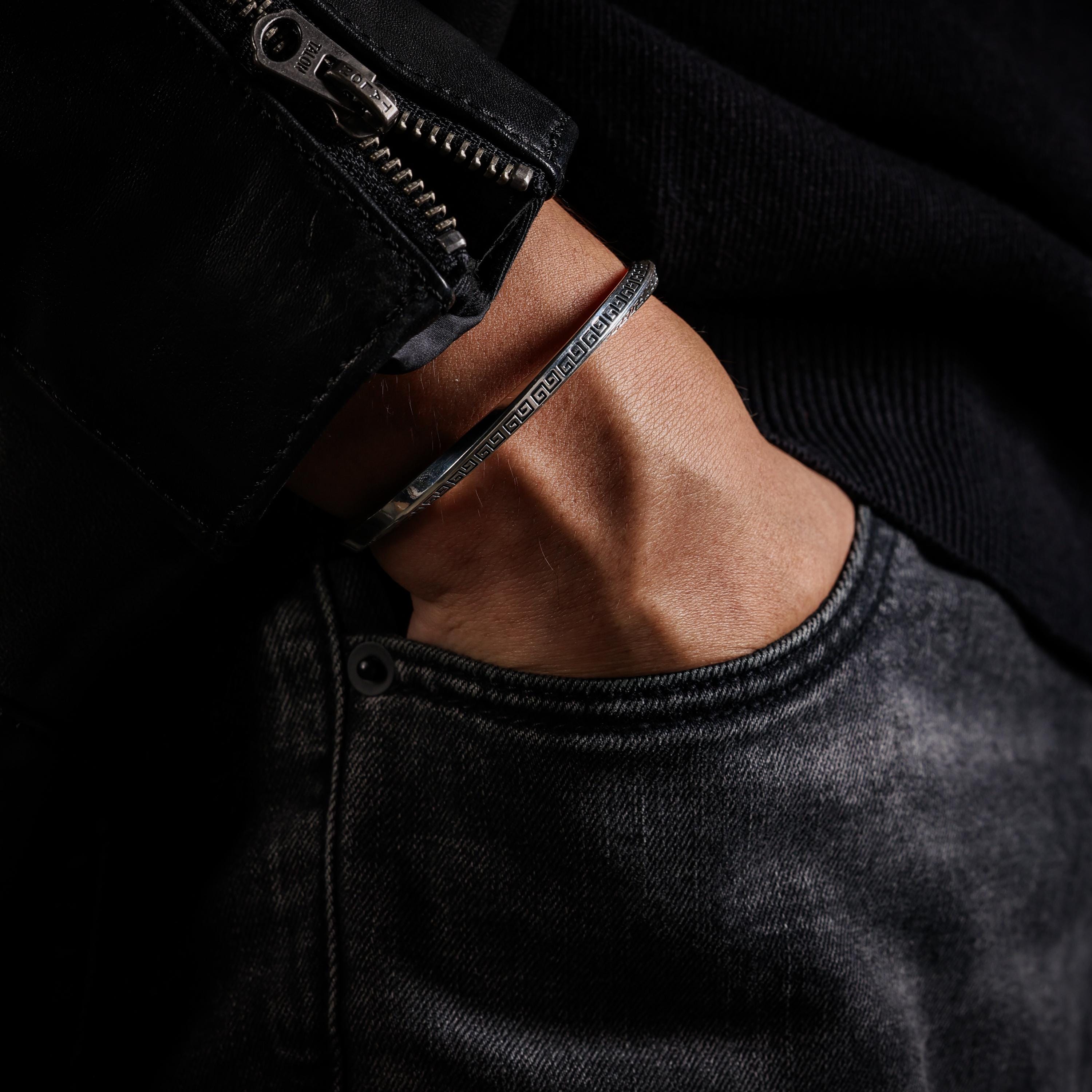 AURA DEER Key-Fret Fine Silver Open Cuff Bracelet
