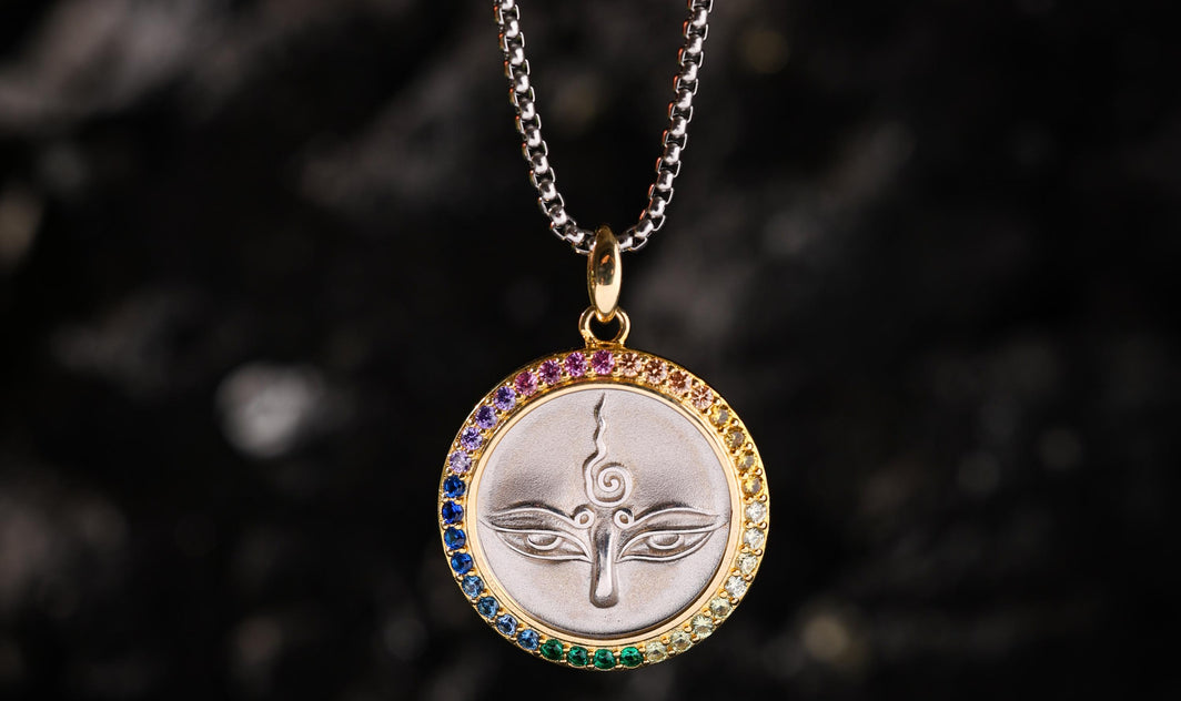 AURA DEER Green Tara Eye Talisman Necklace Sterling Silver 24K Gold-Plated Pendant
