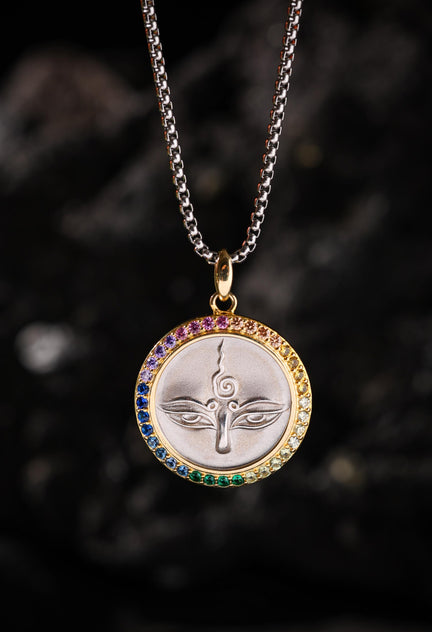 AURA DEER Green Tara Eye Talisman Necklace Sterling Silver 24K Gold-Plated Pendant