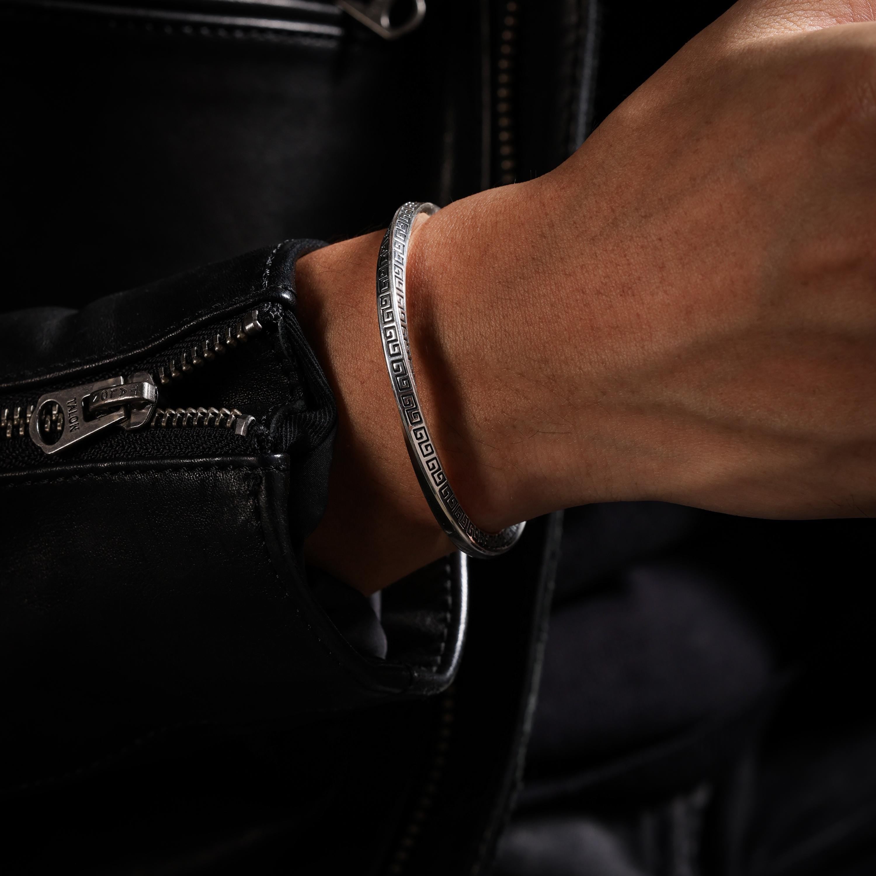 AURA DEER Key-Fret Fine Silver Open Cuff Bracelet
