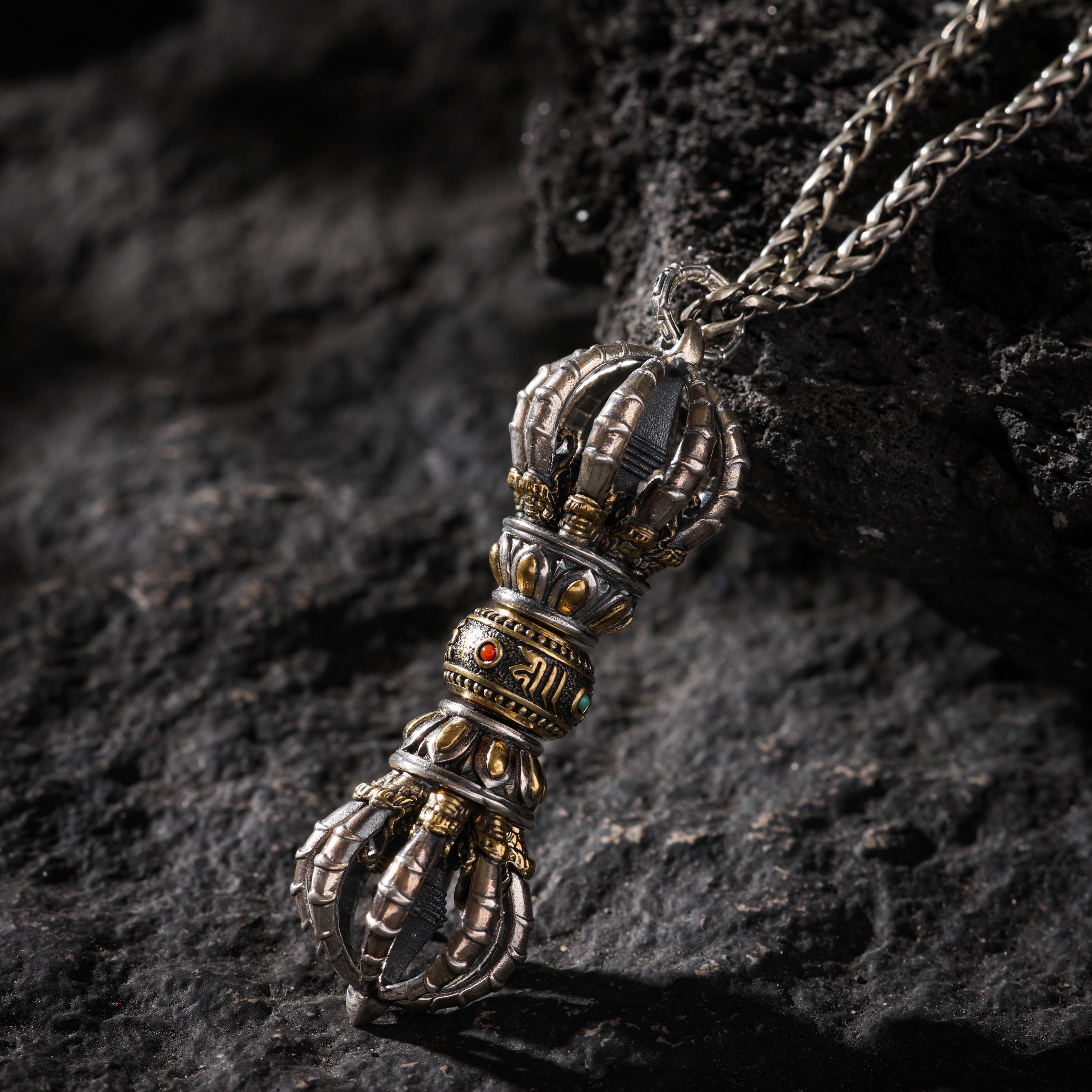 AURA DEER Nine-Pronged Vajra Pendant Necklace Sterling Silver Tibetan Amulet