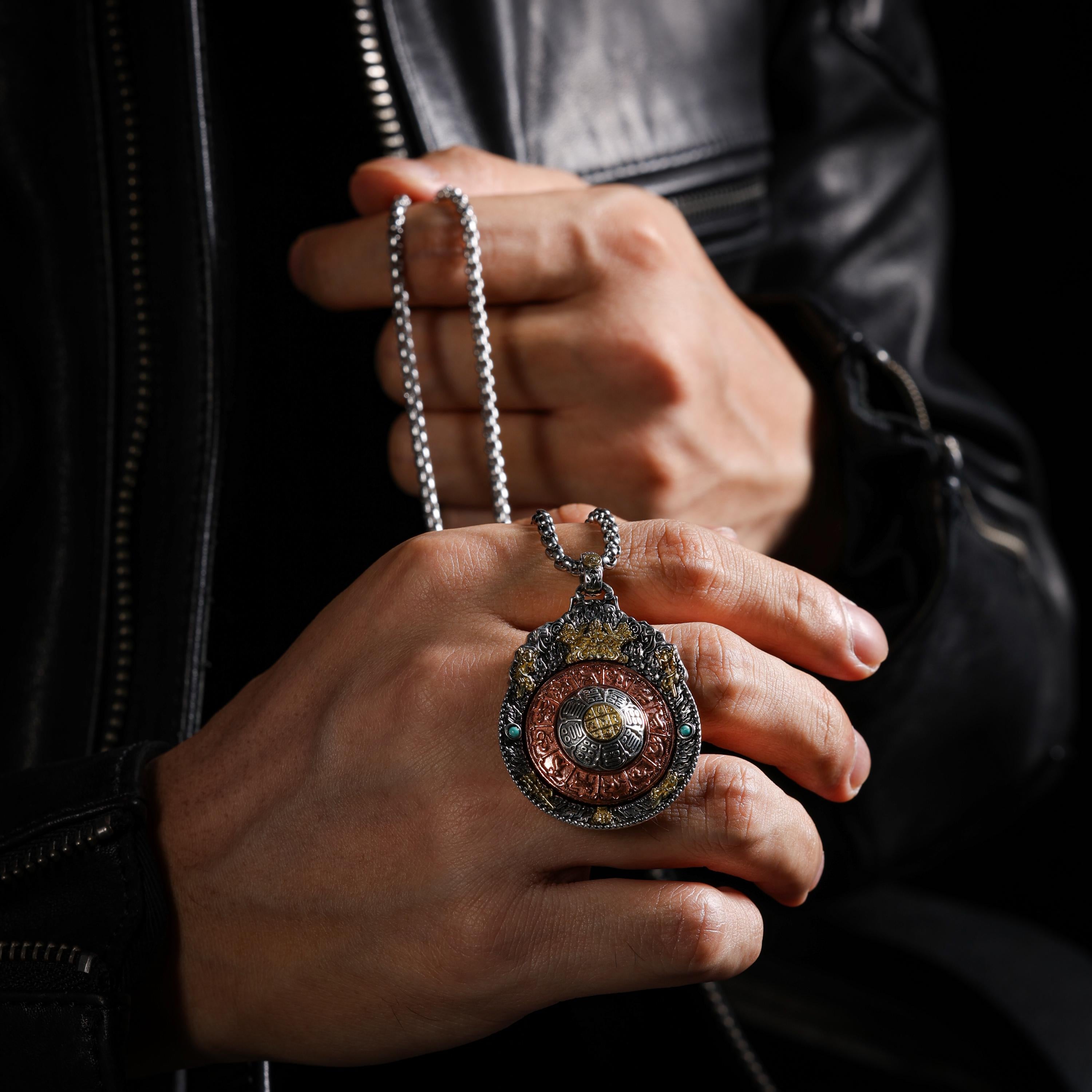 AURA DEER Nine-Palace Bagua Spinner Pendant Necklace Sterling Silver Tibetan Amulet