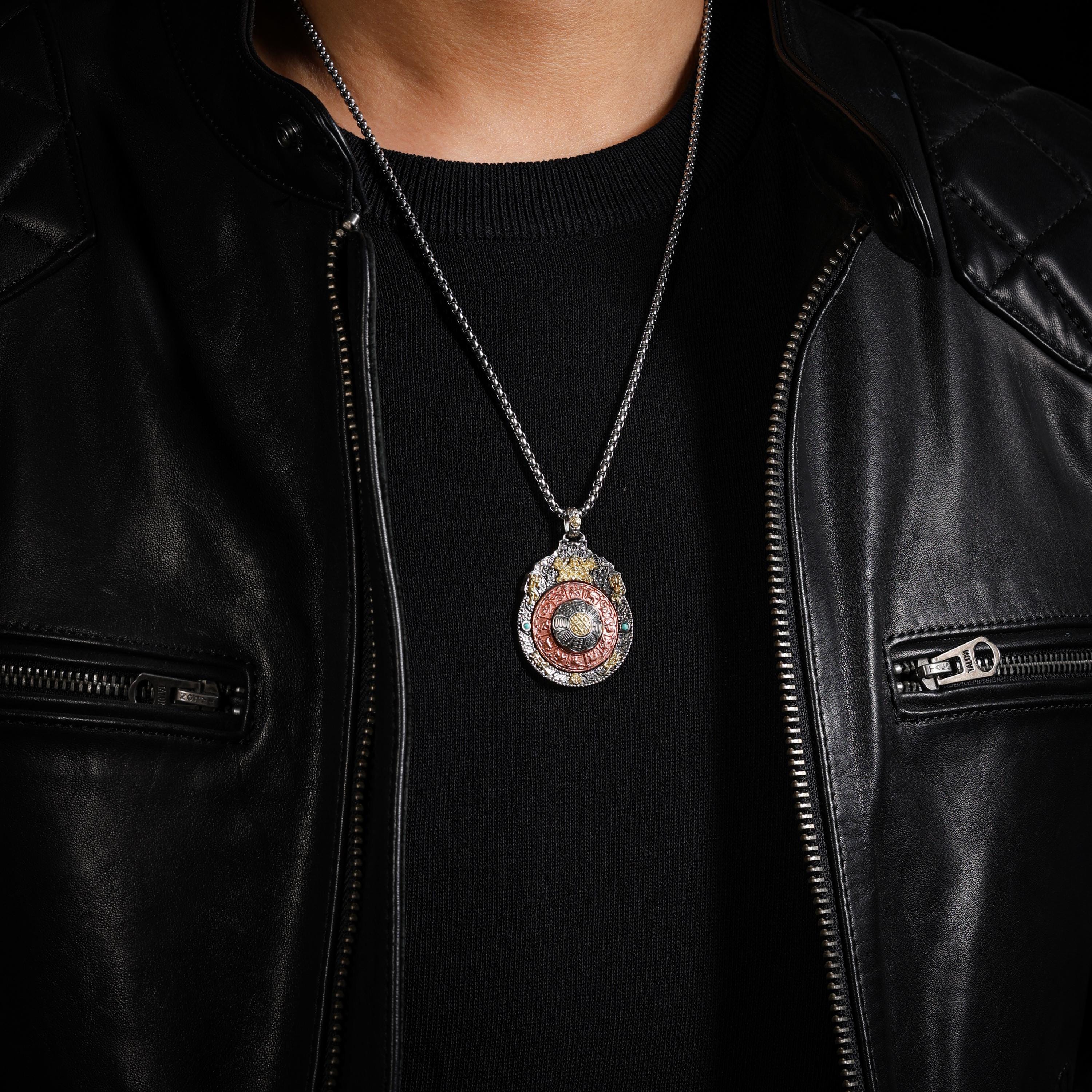 AURA DEER Nine-Palace Bagua Spinner Pendant Necklace Sterling Silver Tibetan Amulet
