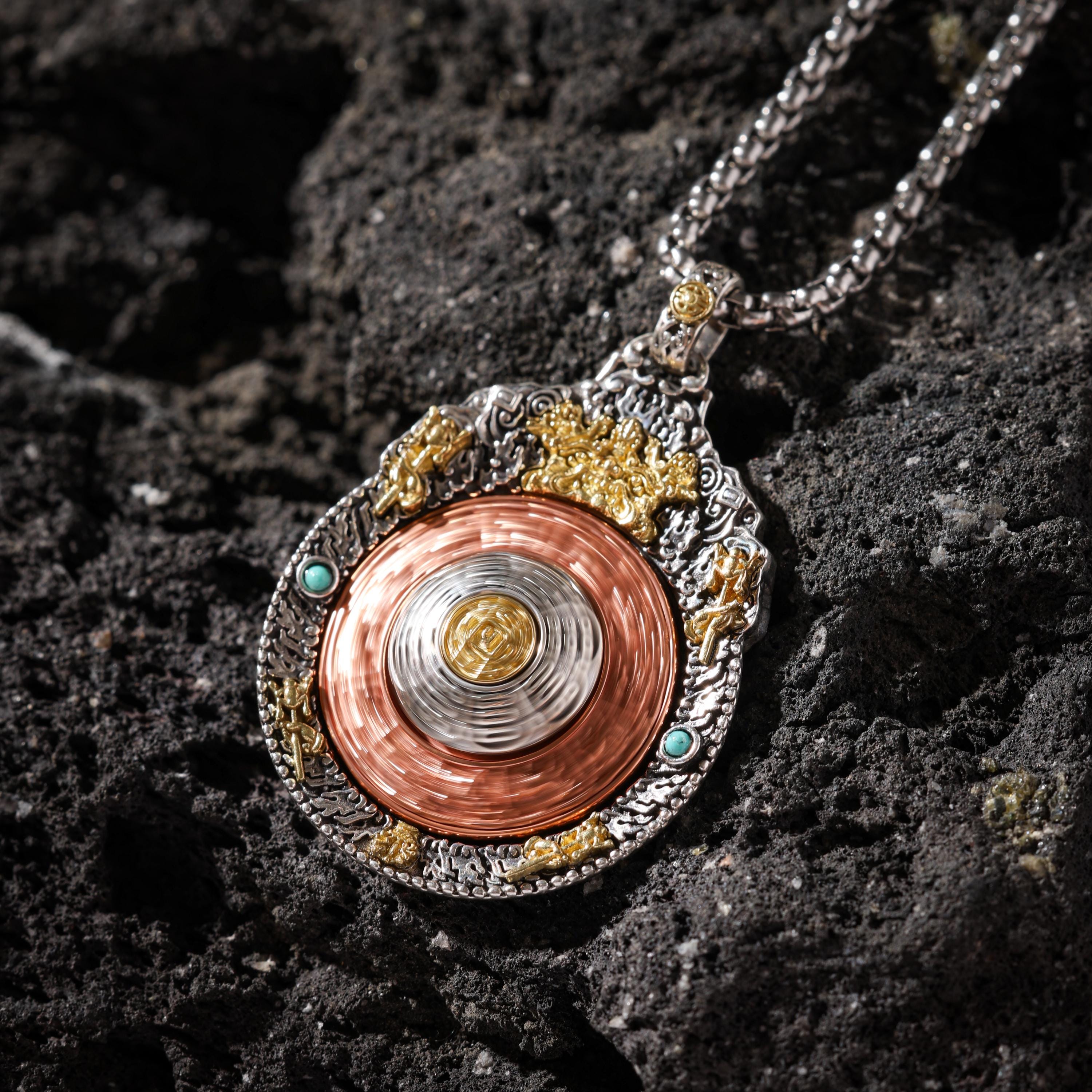 AURA DEER Nine-Palace Bagua Spinner Pendant Necklace Sterling Silver Tibetan Amulet