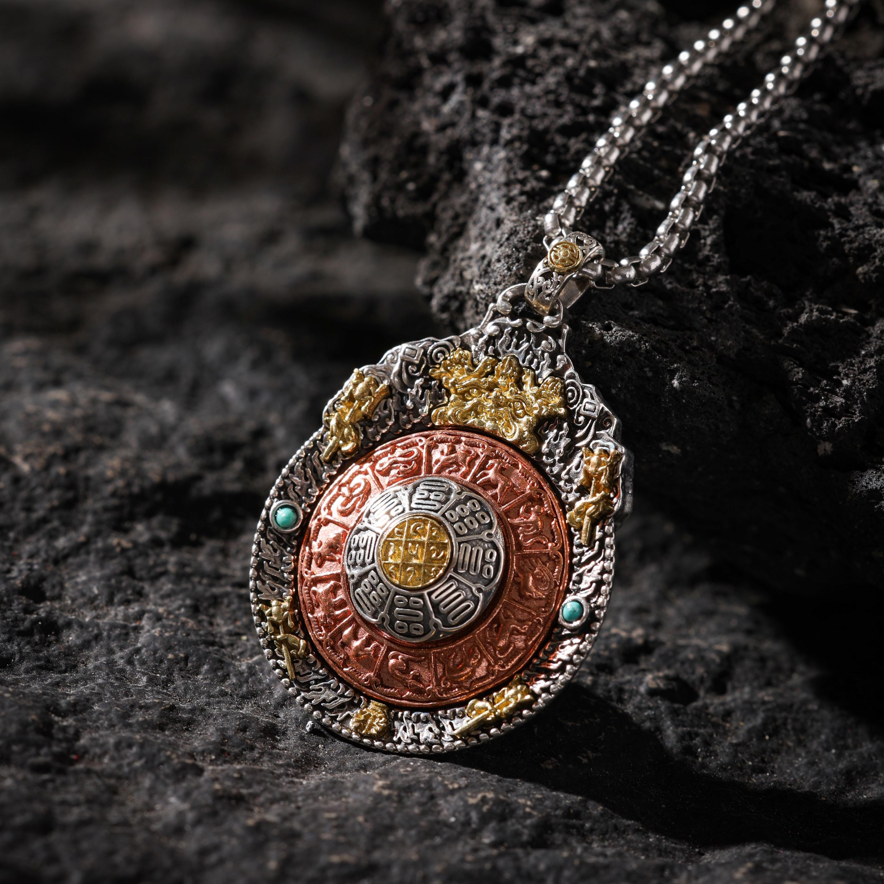 AURA DEER Nine-Palace Bagua Spinner Pendant Necklace Sterling Silver Tibetan Amulet