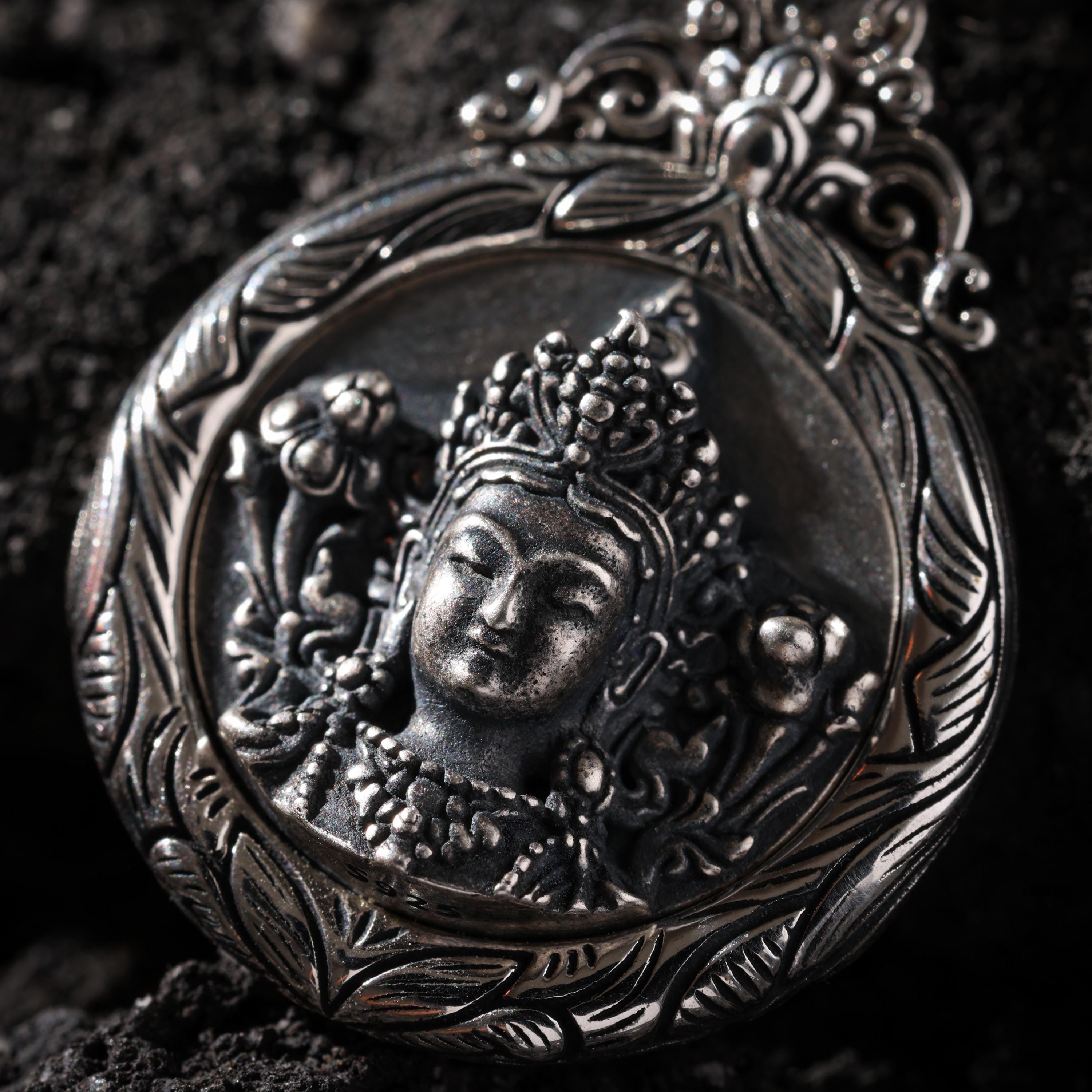 AURA DEER Green Tara Pendant Necklace Sterling Silver Tibetan Amulet