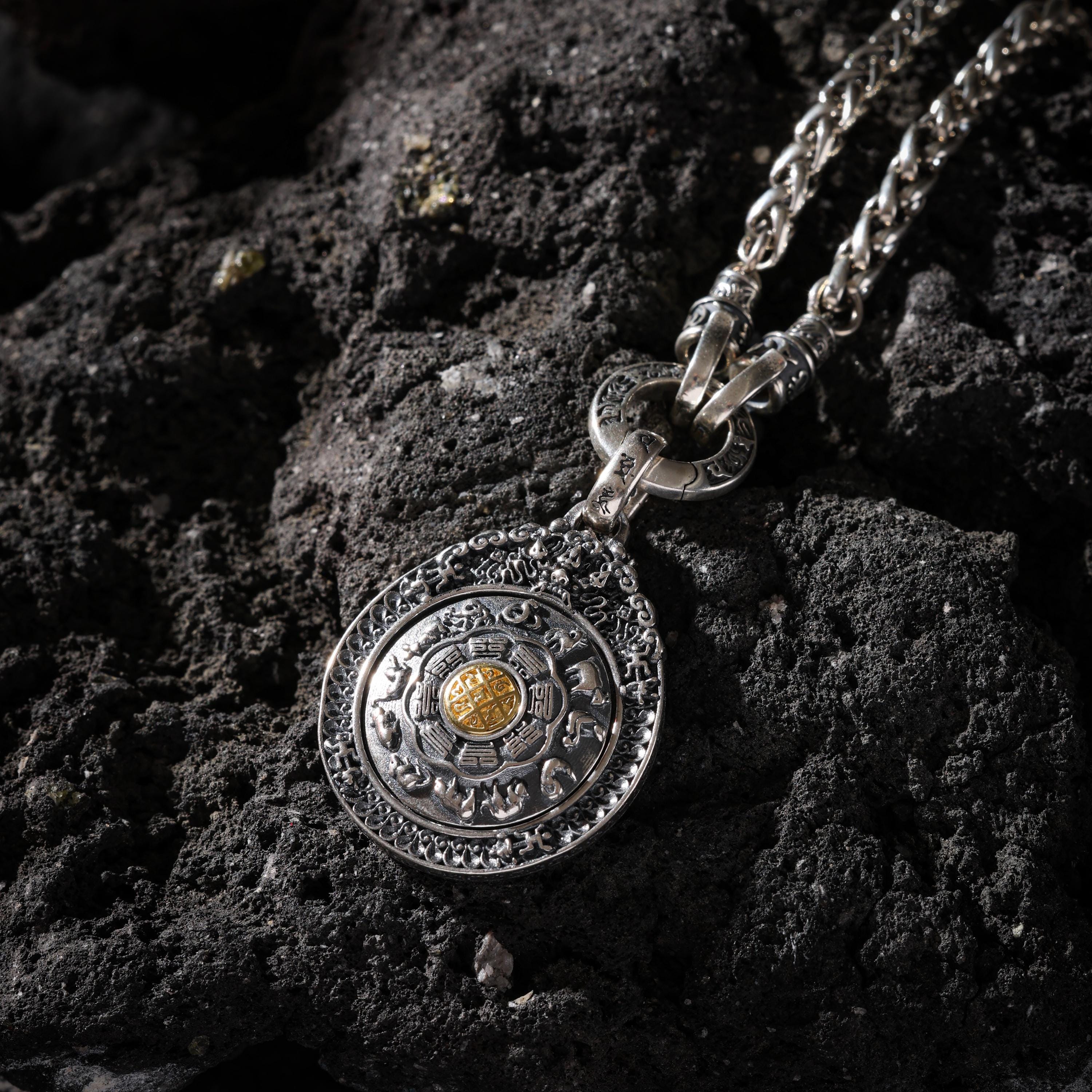 AURA DEER Rotating Nine-Palace Bagua Pendant Necklace Sterling Silver Tibetan Amulet