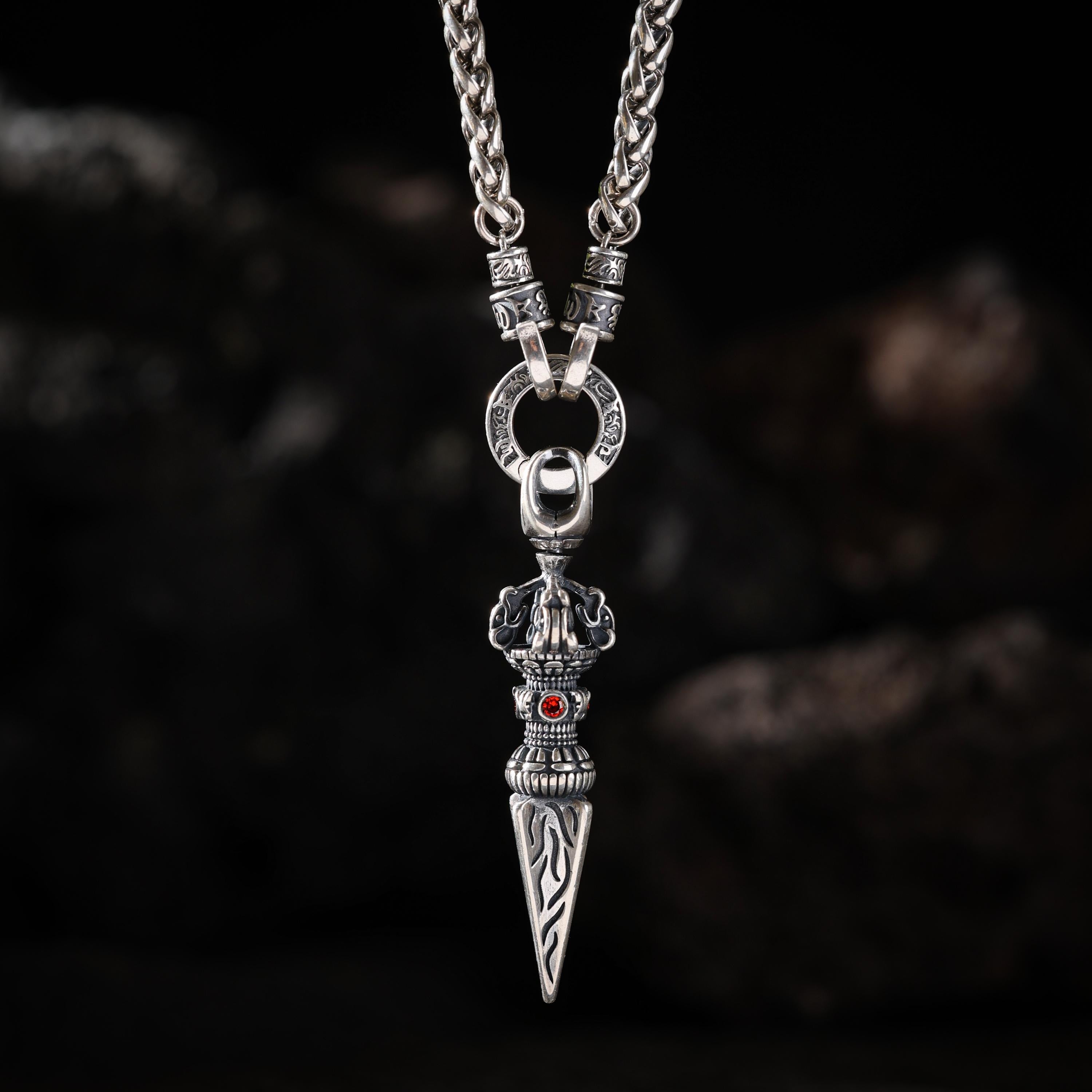 AURA DEER Three-Dimensional Vajra Pendant Necklace Sterling Silver Tibetan Amulet