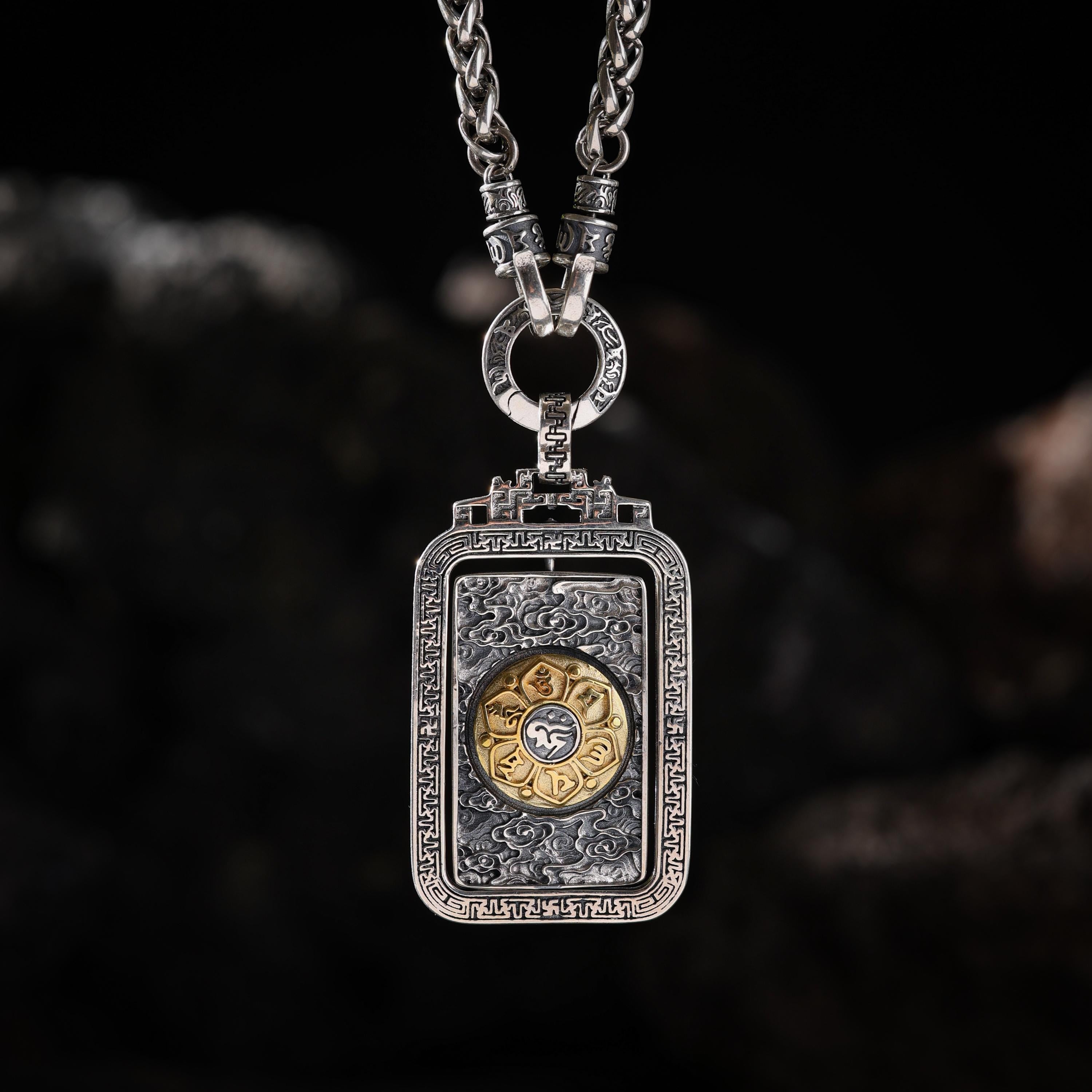AURA DEER Rotating Vajra Mantra Pendant Necklace Sterling Silver Tibetan Amulet