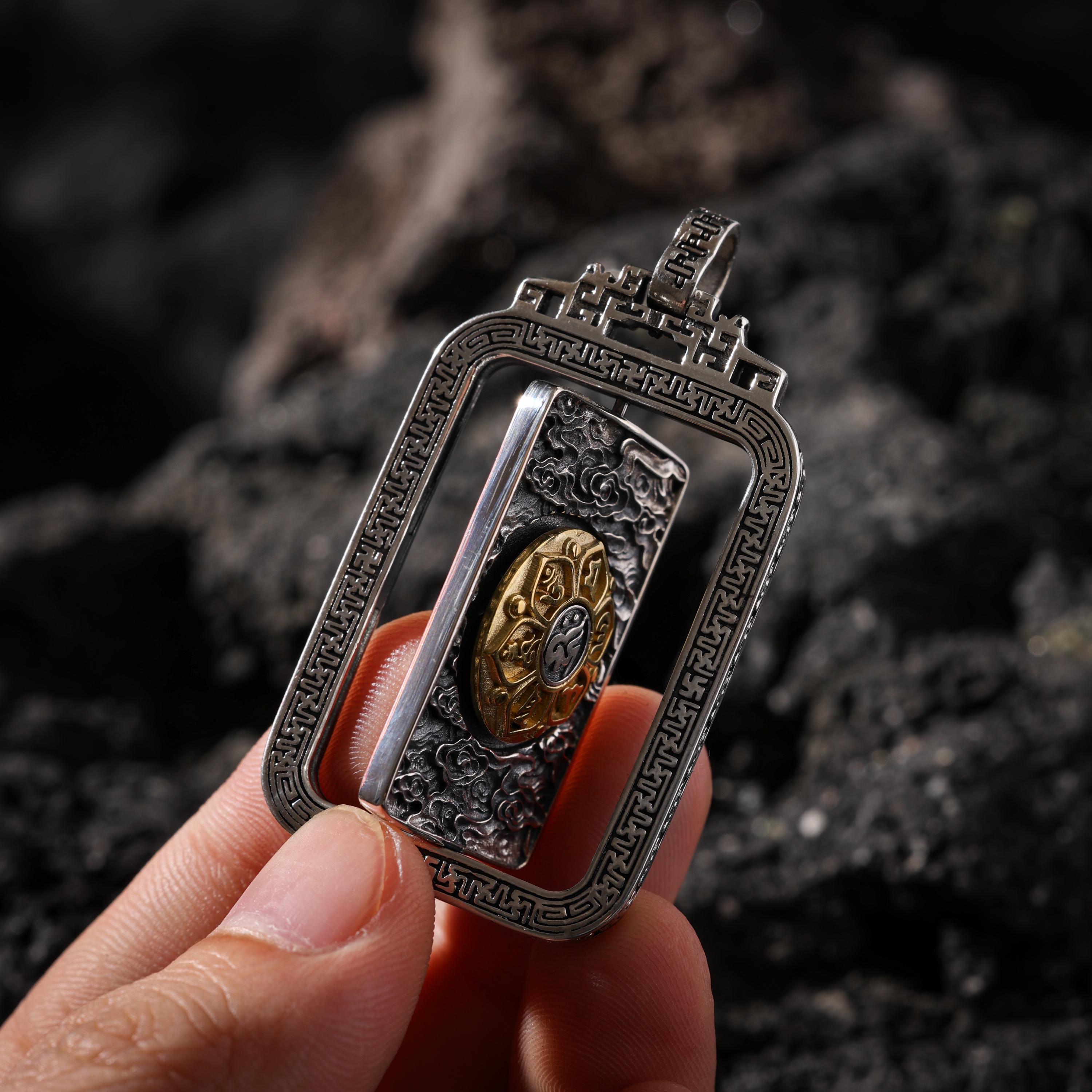 AURA DEER Rotating Vajra Mantra Pendant Necklace Sterling Silver Tibetan Amulet