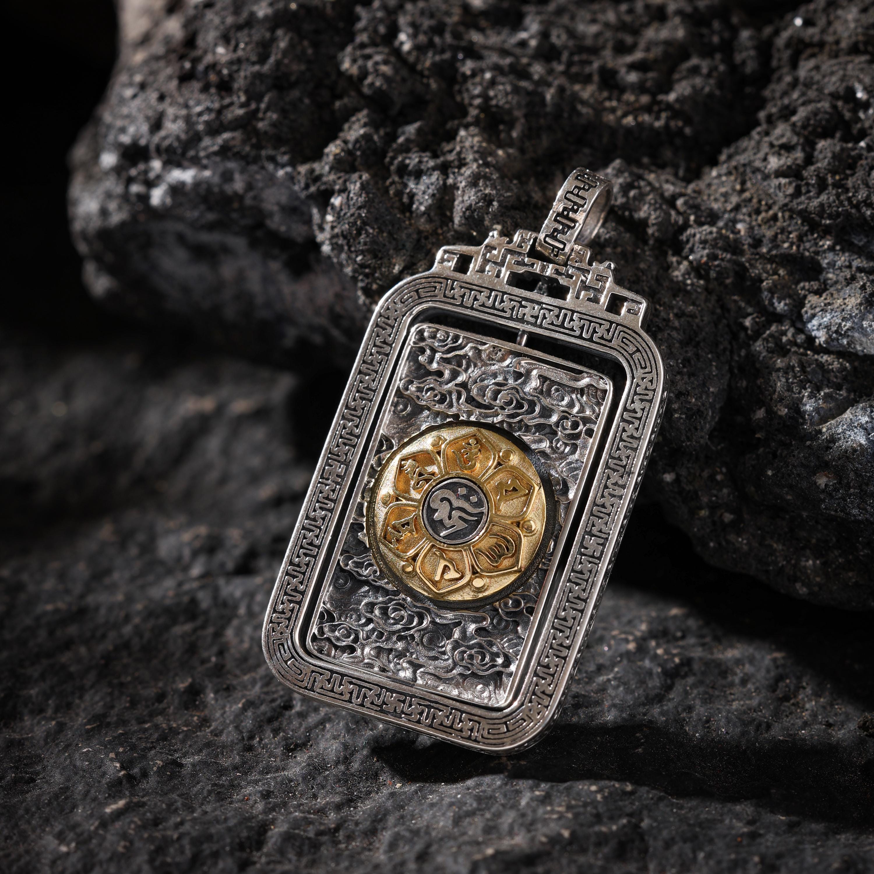 AURA DEER Rotating Vajra Mantra Pendant Necklace Sterling Silver Tibetan Amulet