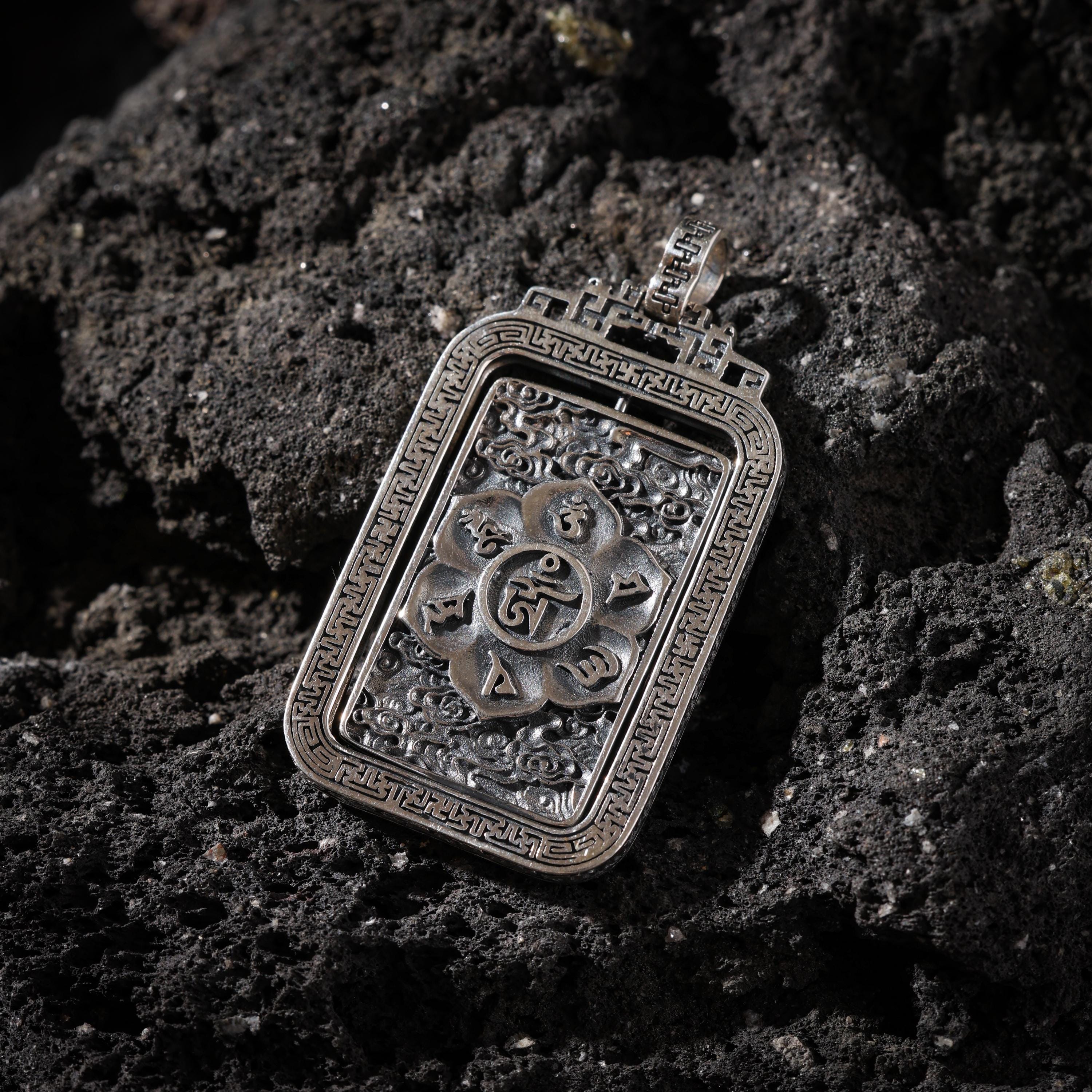 AURA DEER Rotating Vajra Mantra Pendant Necklace Sterling Silver Tibetan Amulet