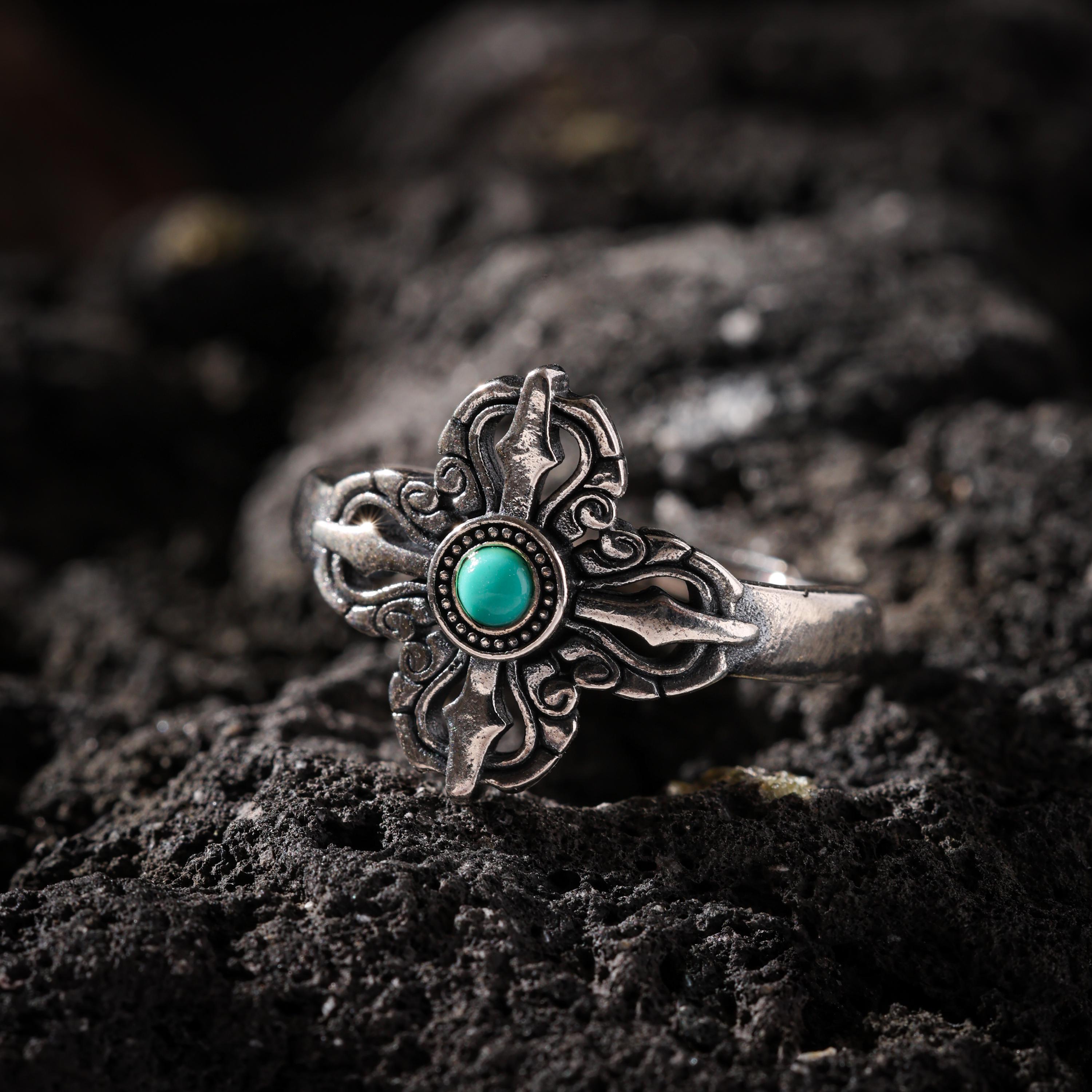 AURA DEER Crossed Vajra Turquoise Open Ring S925 Sterling Silver Tibetan Amulet