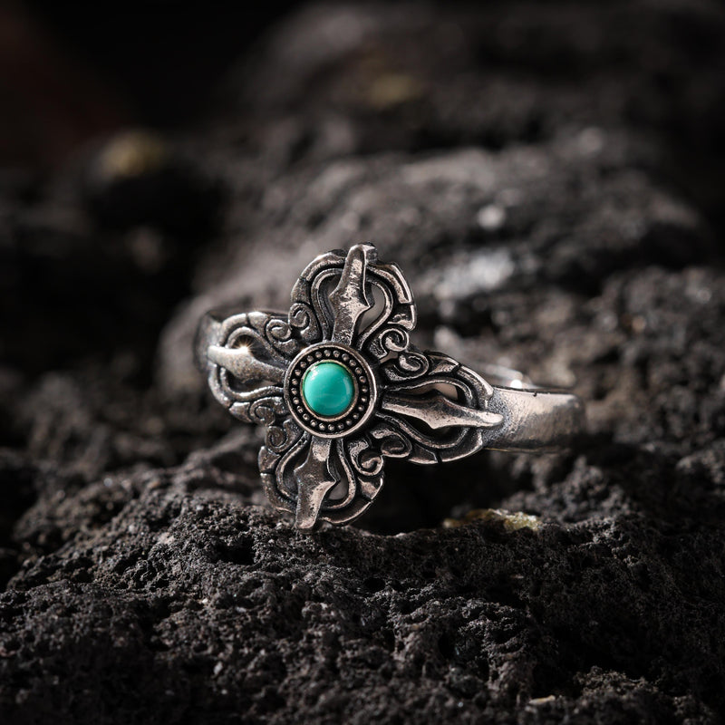 Crossed Vajra Turquoise Open Ring