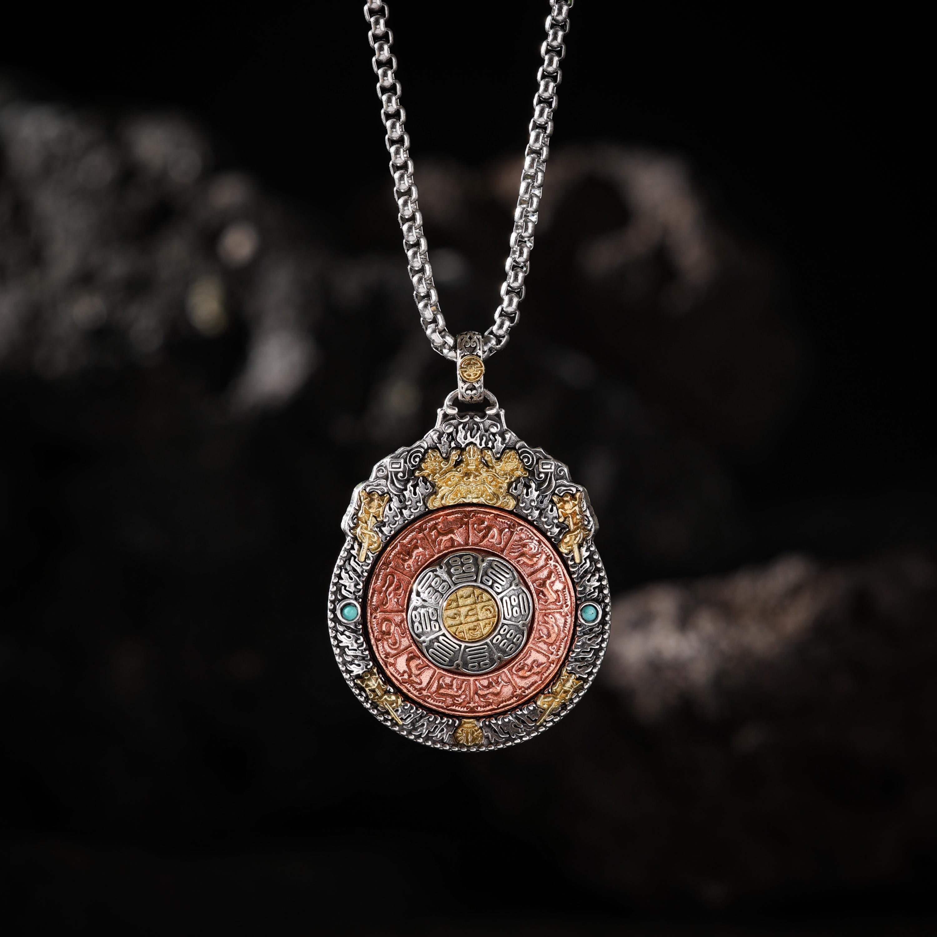 AURA DEER Nine-Palace Bagua Spinner Pendant Necklace Sterling Silver Tibetan Amulet