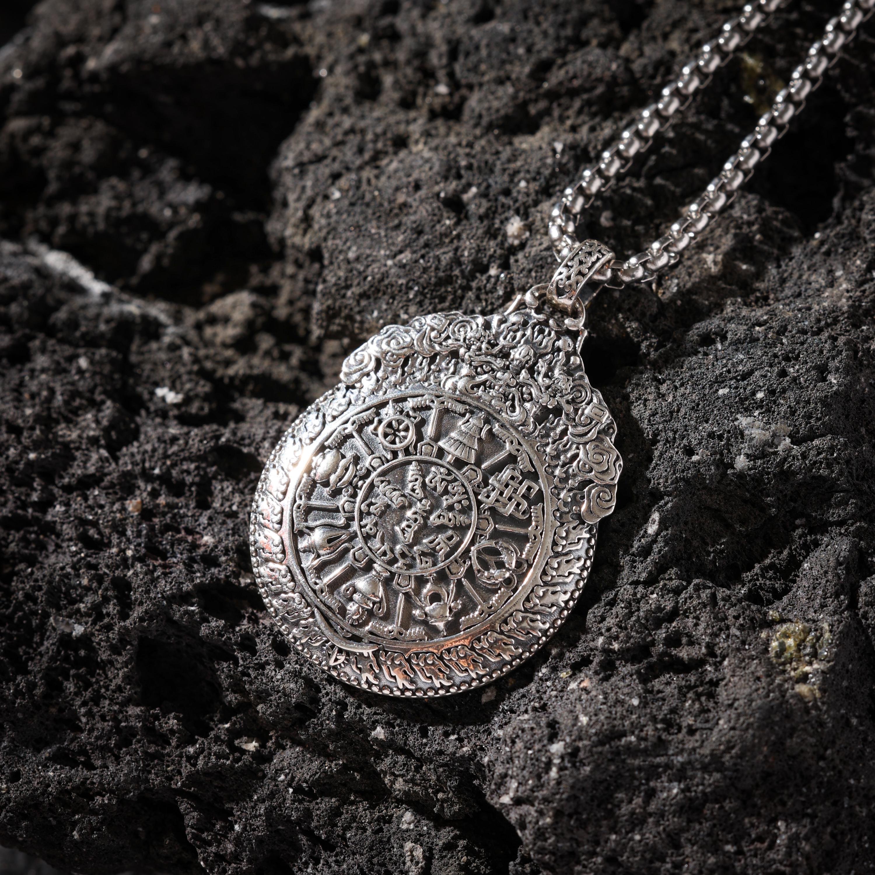 AURA DEER Nine-Palace Bagua Spinner Pendant Necklace Sterling Silver Tibetan Amulet