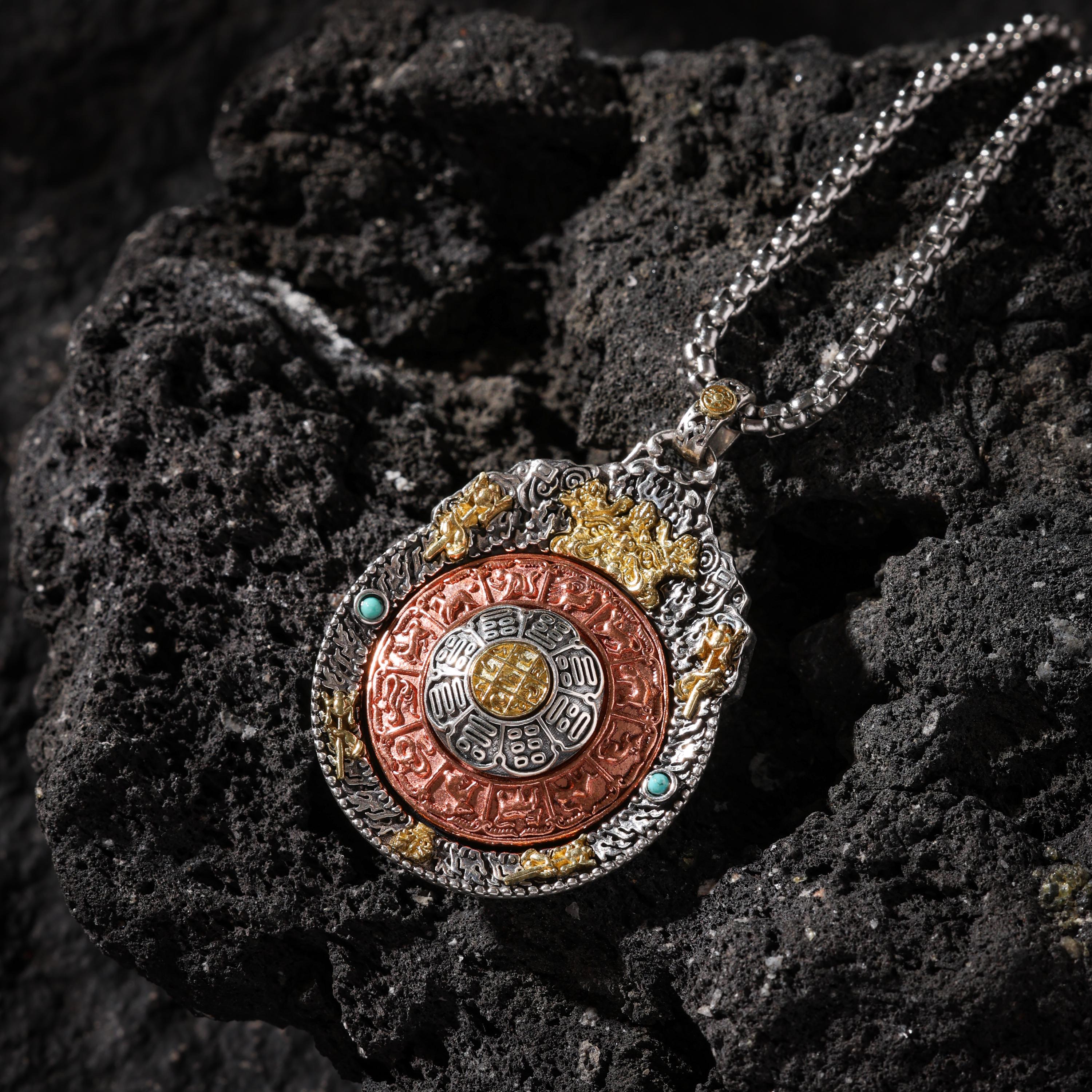 AURA DEER Nine-Palace Bagua Spinner Pendant Necklace Sterling Silver Tibetan Amulet
