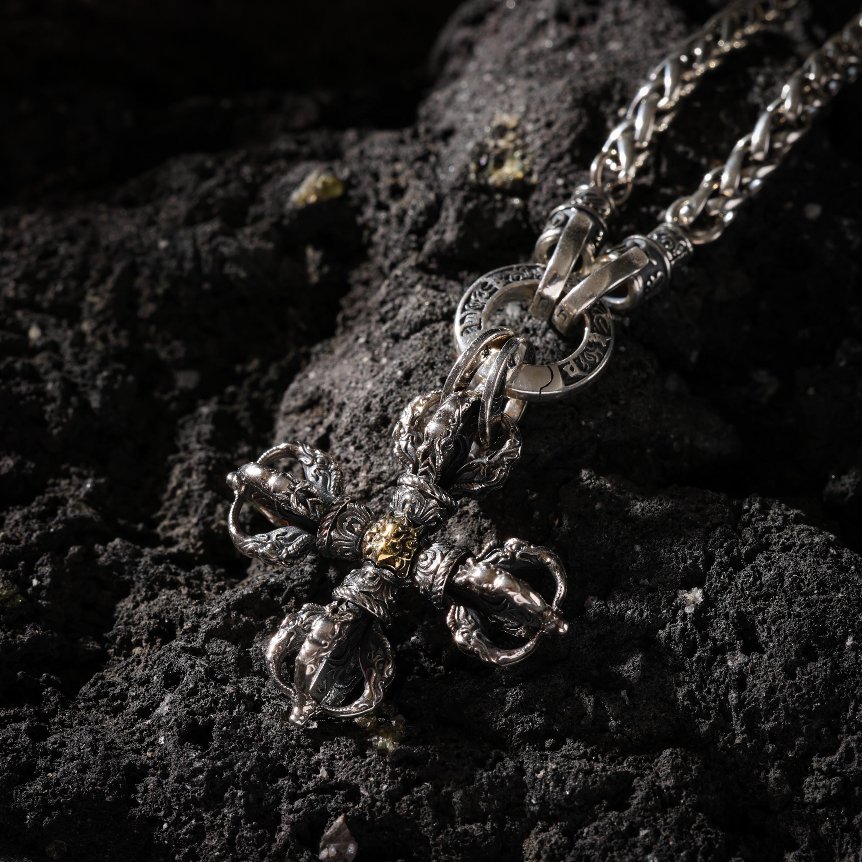 AURA DEER Garuda Crossed Vajra Pendant Necklace Sterling Silver Tibetan Amulet