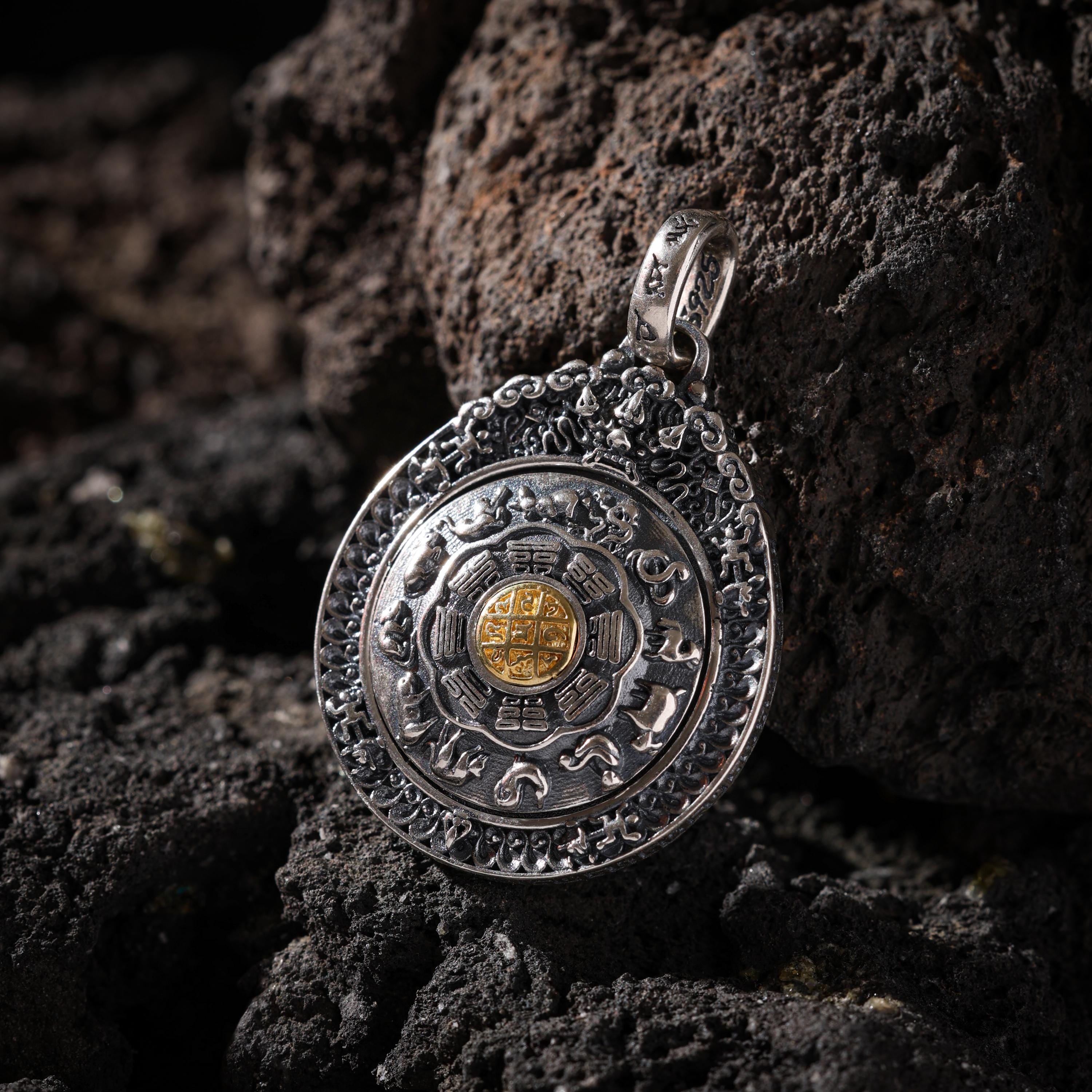 AURA DEER Rotating Nine-Palace Bagua Pendant Necklace Sterling Silver Tibetan Amulet