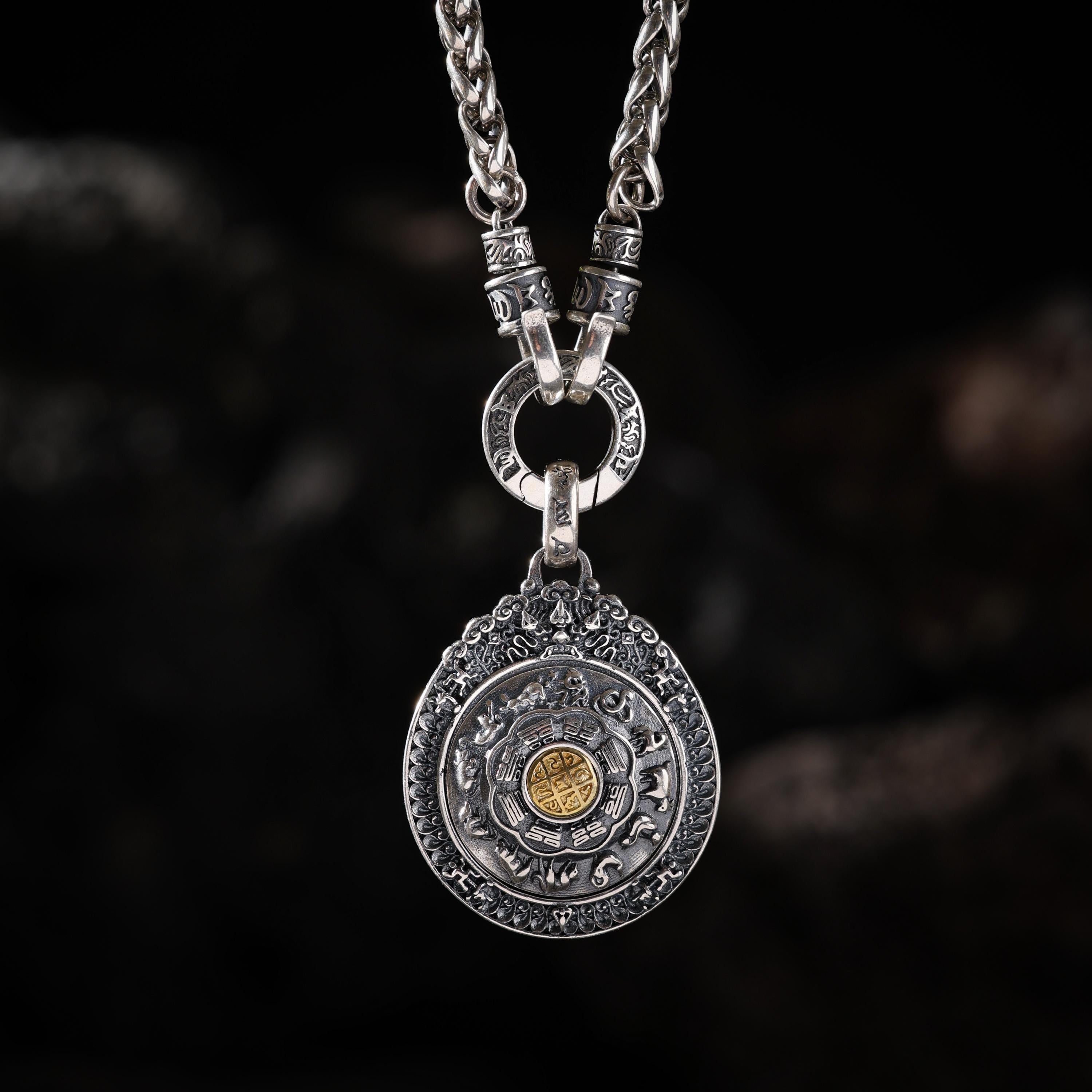 AURA DEER Rotating Nine-Palace Bagua Pendant Necklace Sterling Silver Tibetan Amulet
