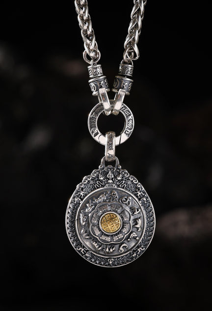 AURA DEER Rotating Nine-Palace Bagua Pendant Necklace Sterling Silver Tibetan Amulet