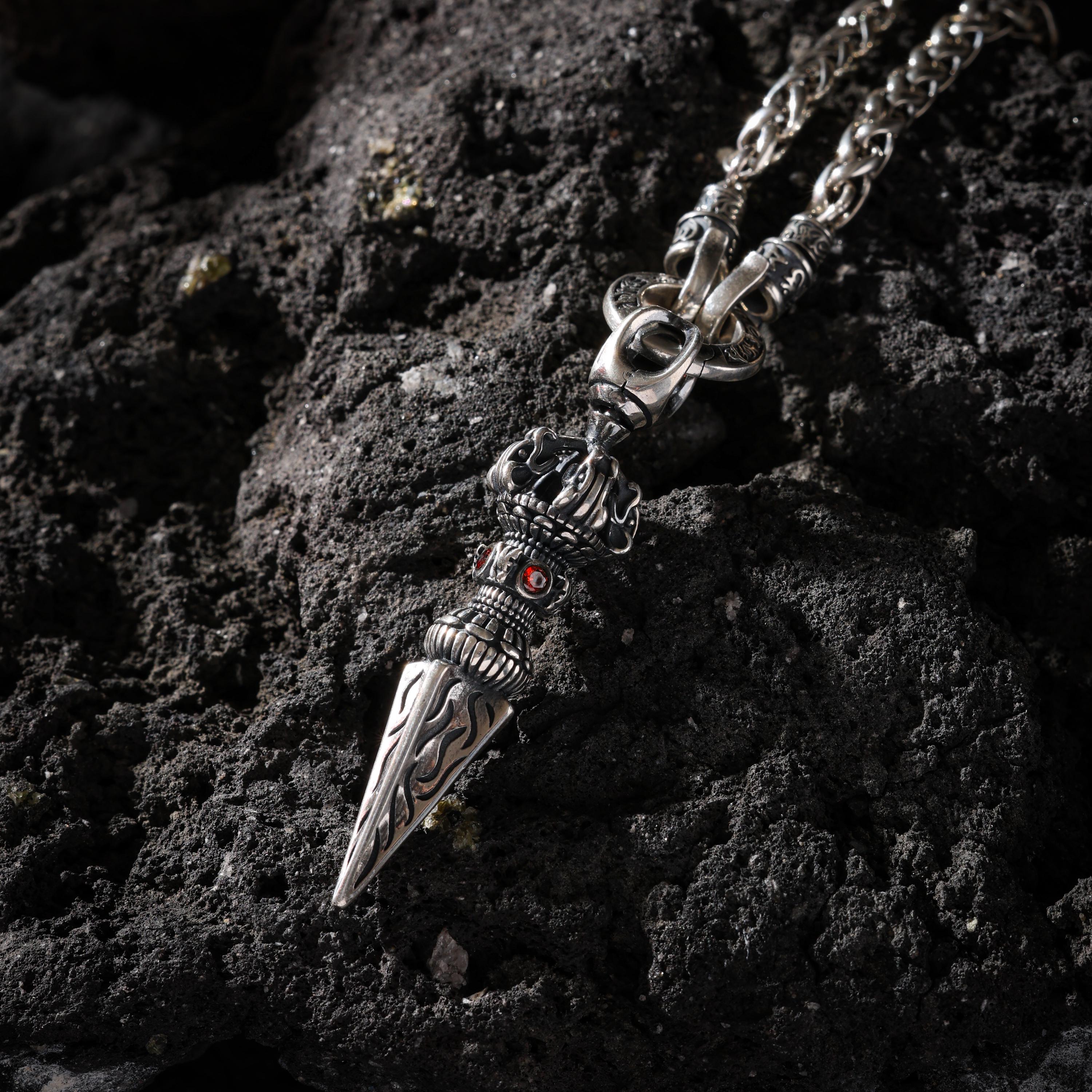 AURA DEER Three-Dimensional Vajra Pendant Necklace Sterling Silver Tibetan Amulet