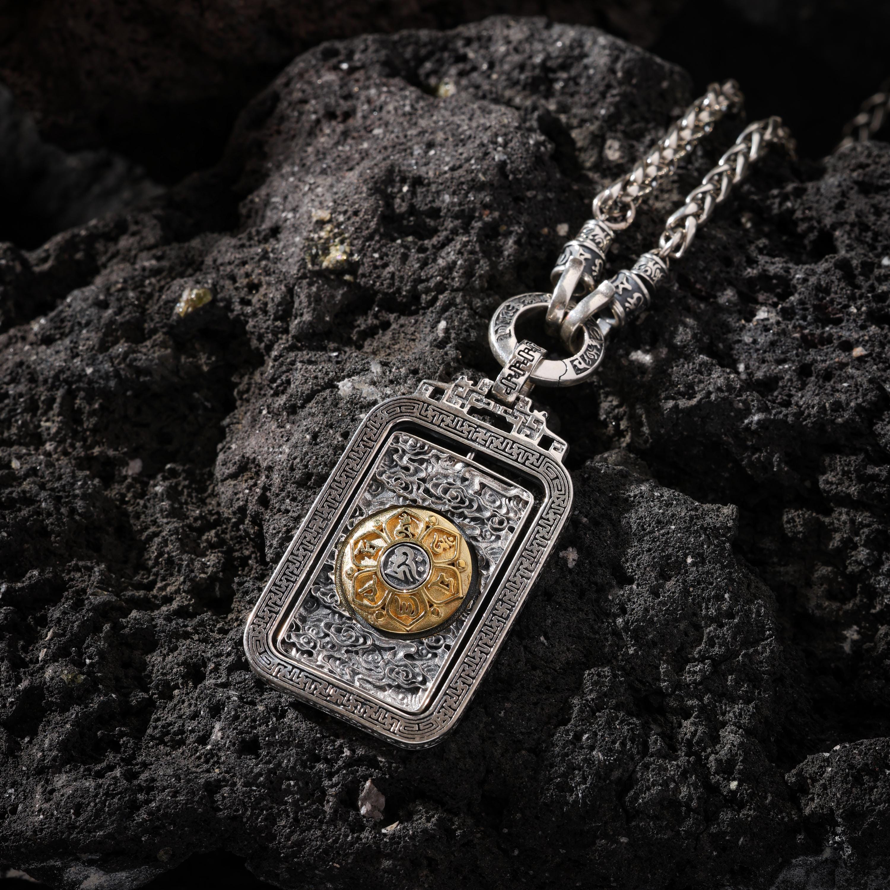 AURA DEER Rotating Vajra Mantra Pendant Necklace Sterling Silver Tibetan Amulet