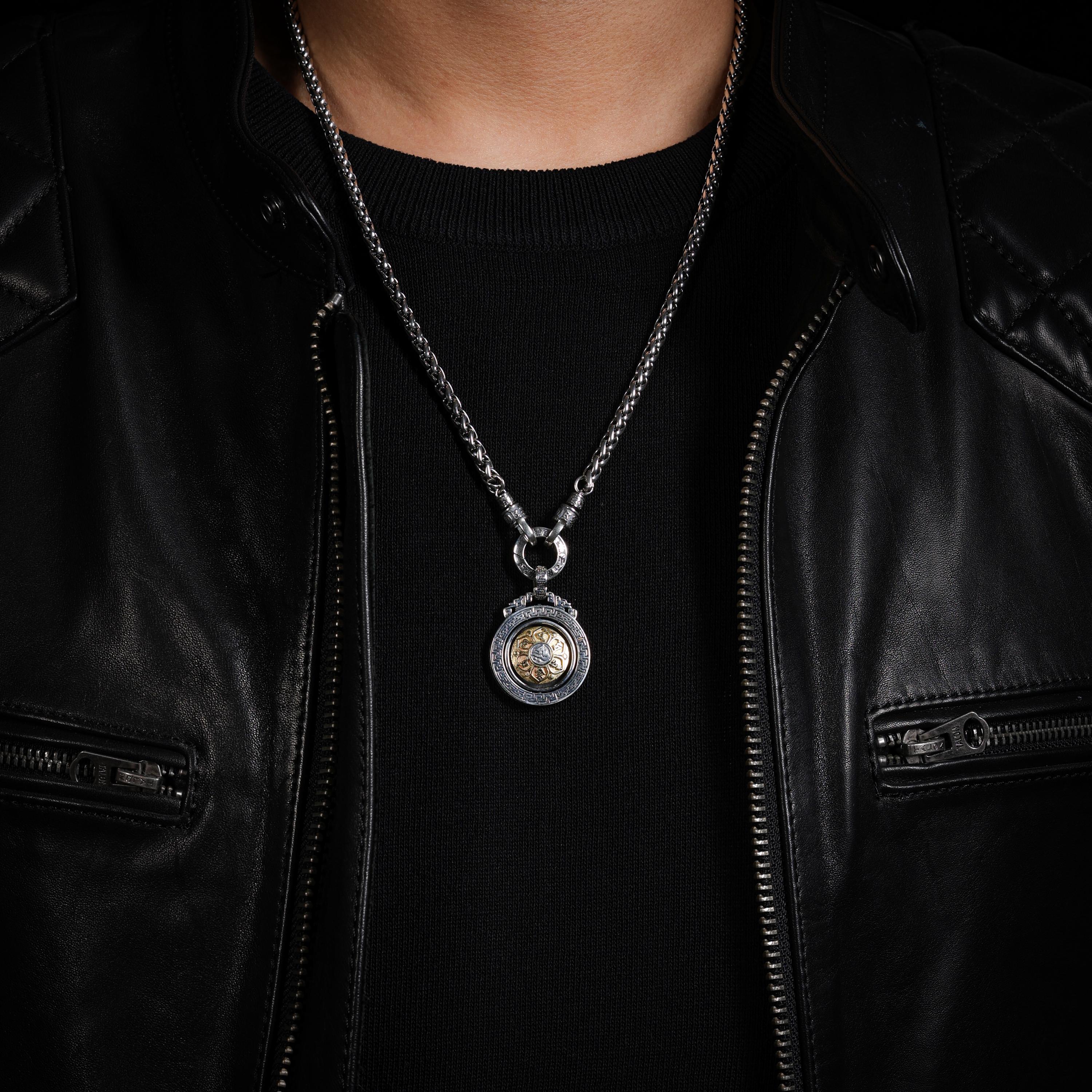 AURA DEER Rotating Round Bagua Mantra Pendant Necklace Sterling Silver Tibetan Amulet