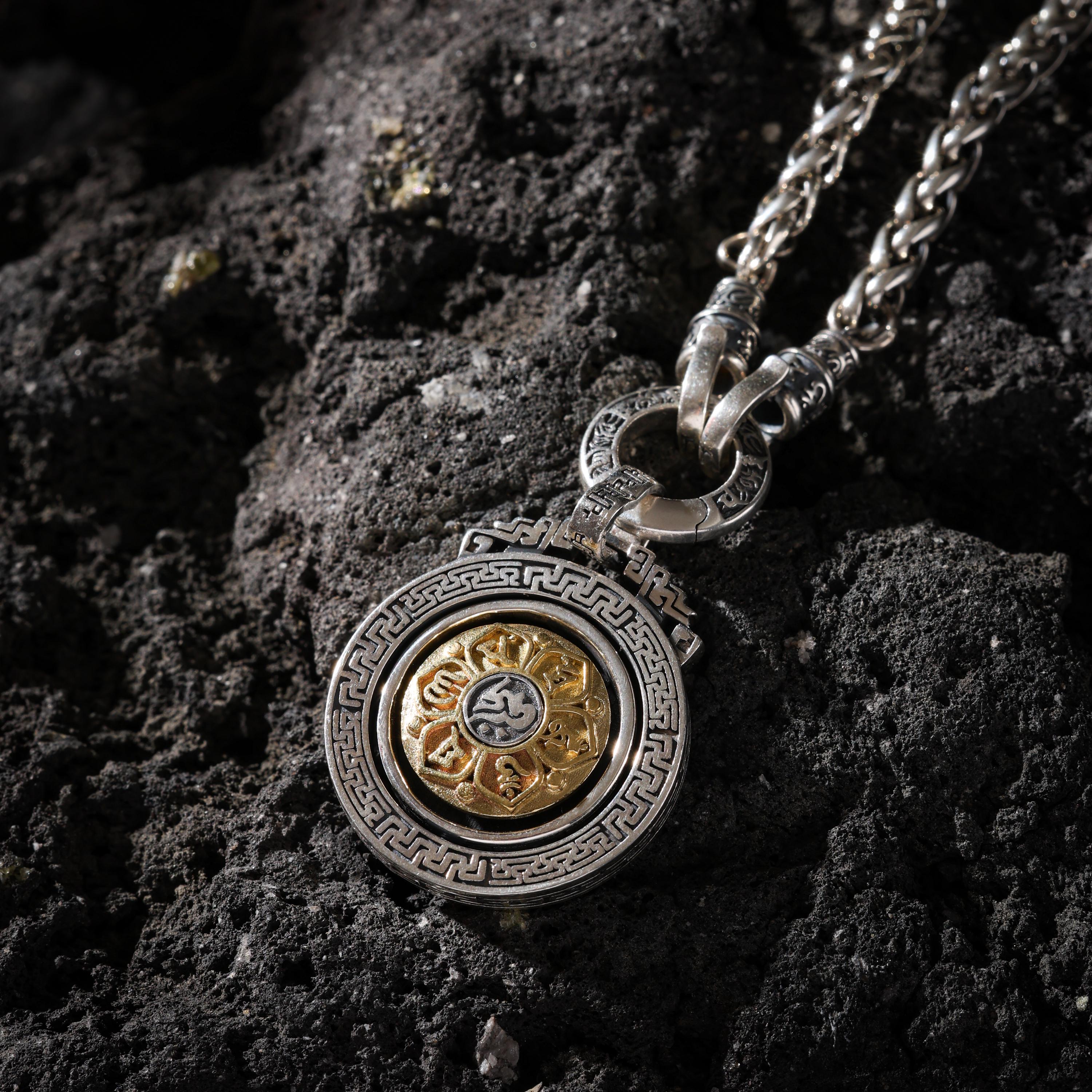 AURA DEER Rotating Round Bagua Mantra Pendant Necklace Sterling Silver Tibetan Amulet