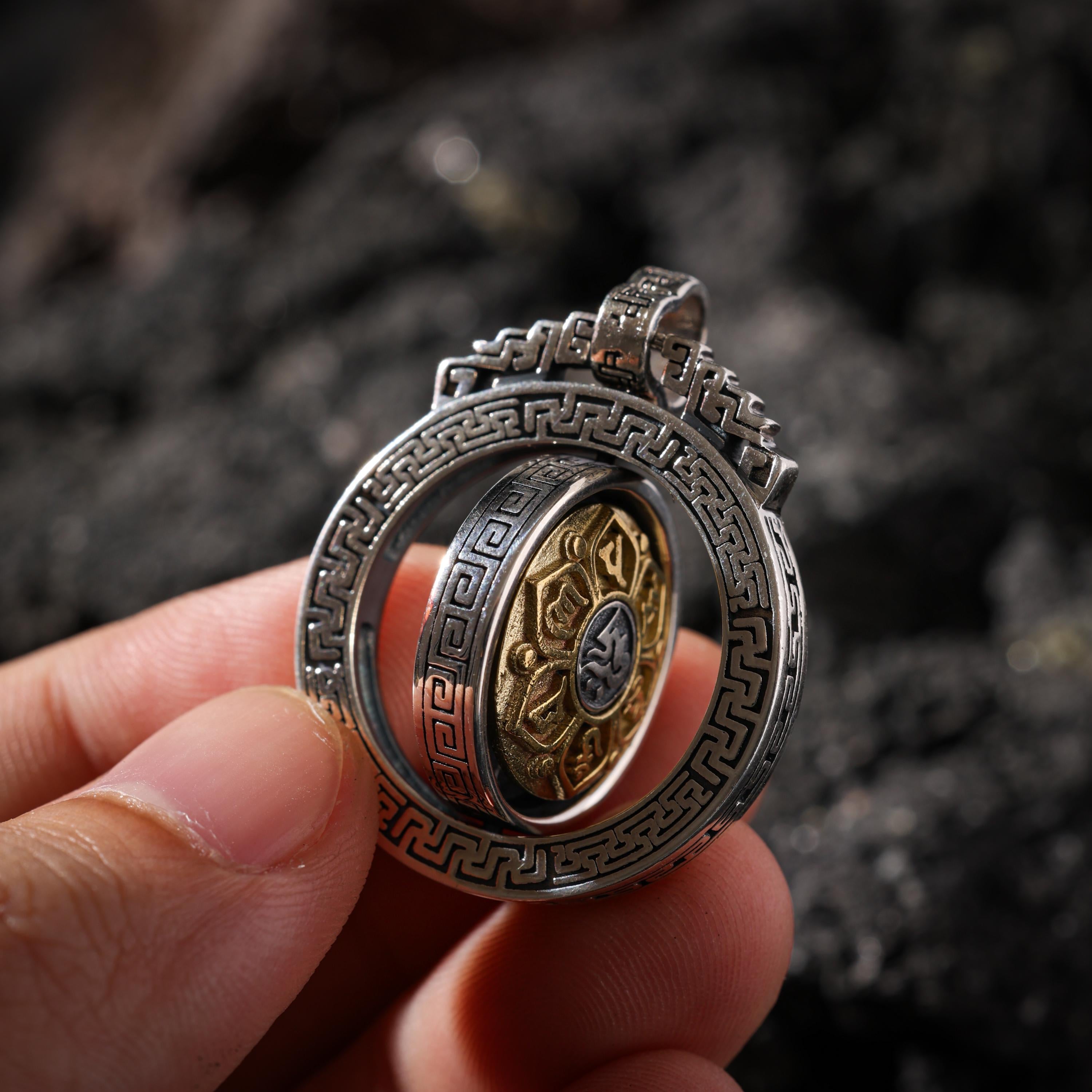 AURA DEER Rotating Round Bagua Mantra Pendant Necklace Sterling Silver Tibetan Amulet