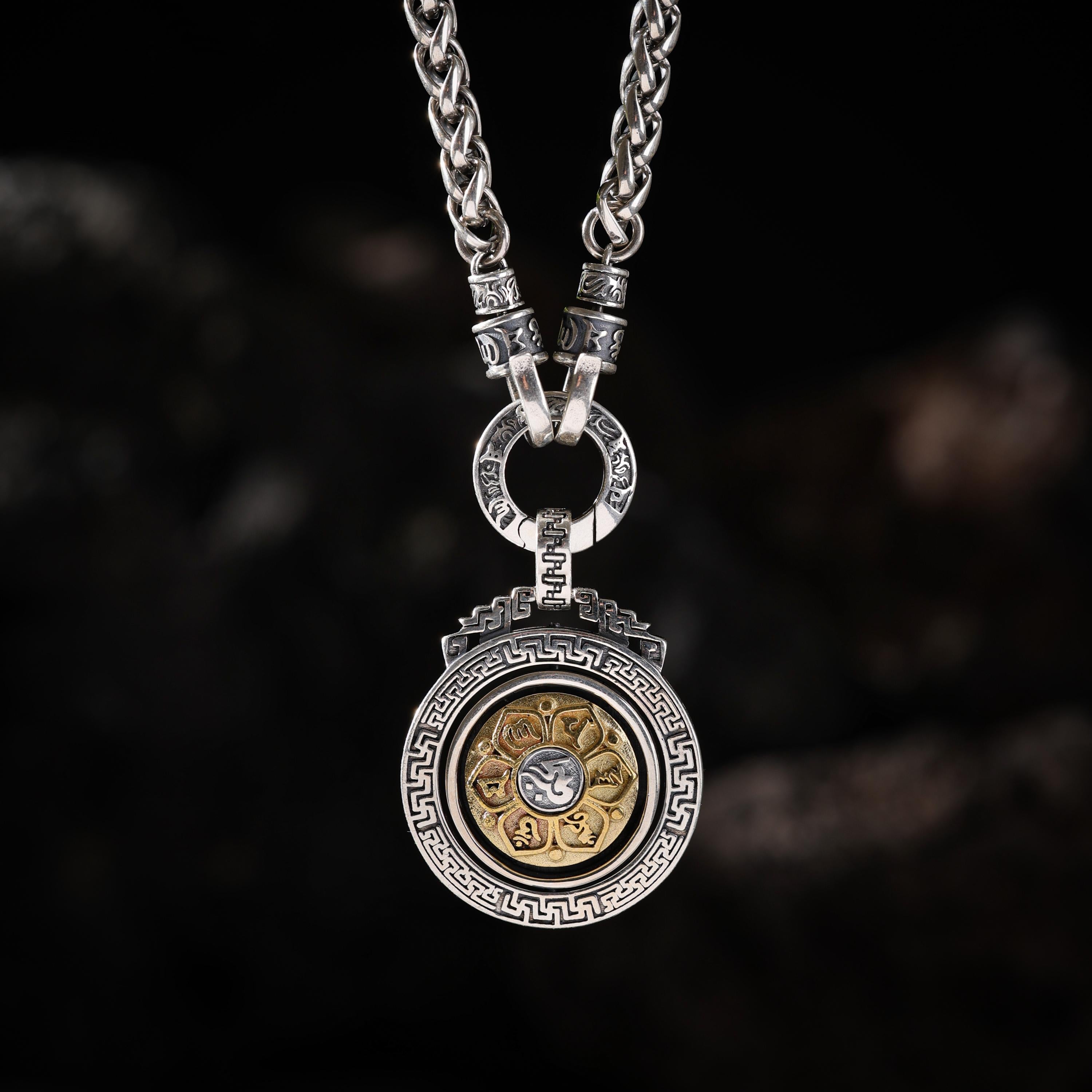 AURA DEER Rotating Round Bagua Mantra Pendant Necklace Sterling Silver Tibetan Amulet