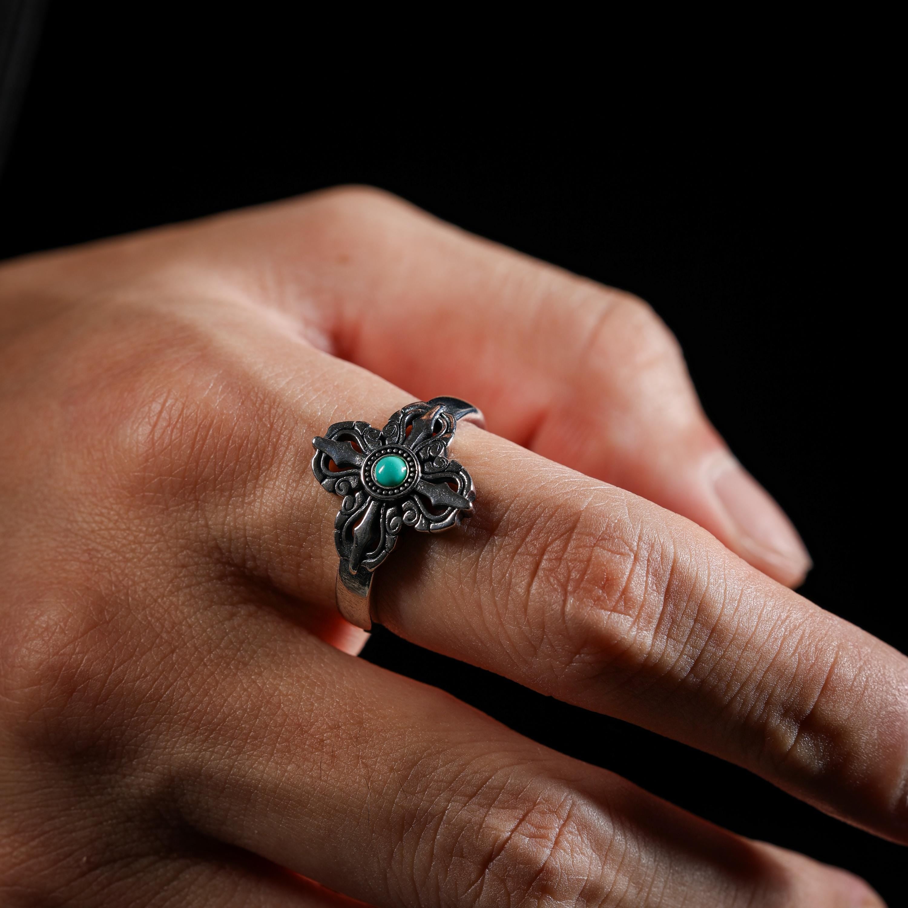 AURA DEER Crossed Vajra Turquoise Open Ring S925 Sterling Silver Tibetan Amulet