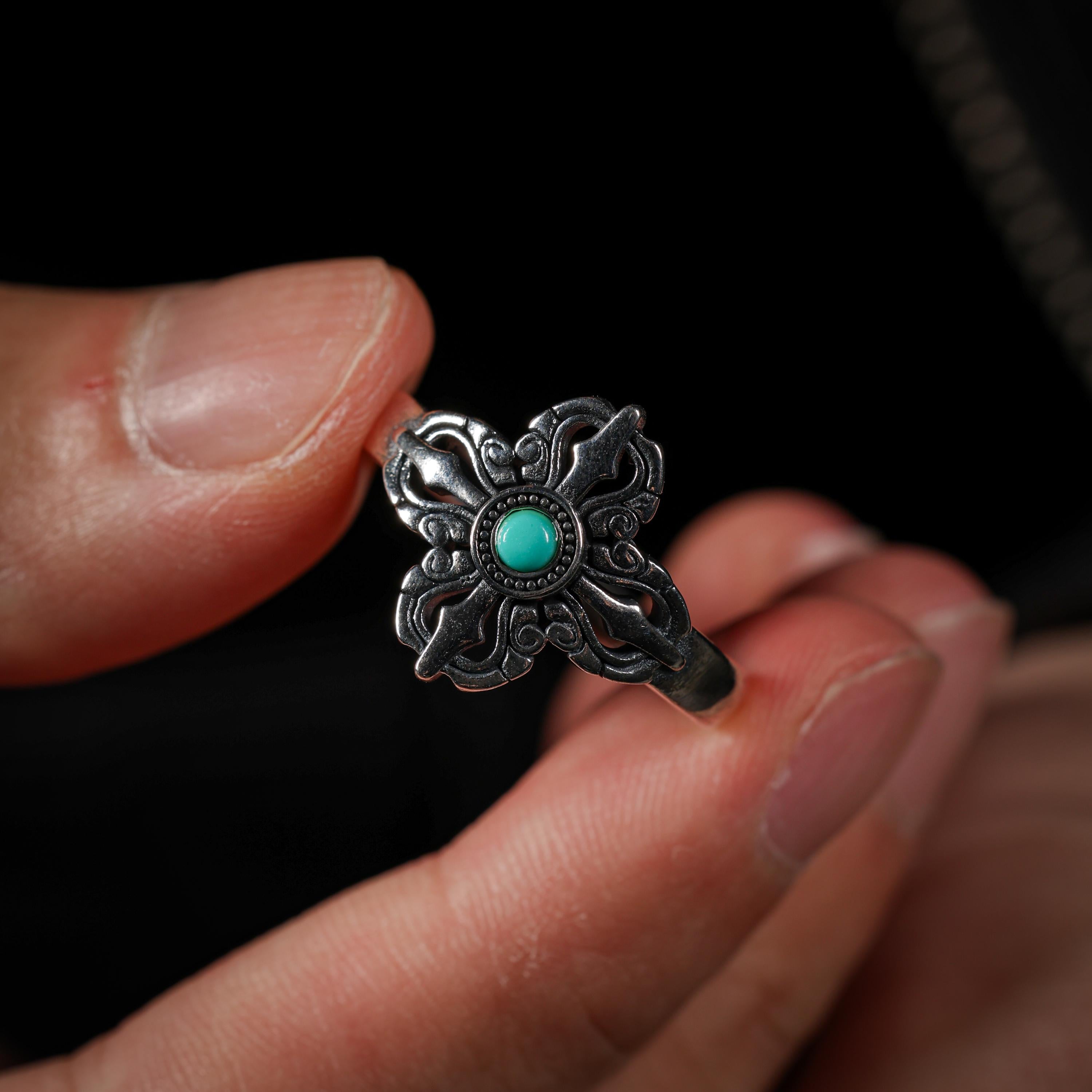 AURA DEER Crossed Vajra Turquoise Open Ring S925 Sterling Silver Tibetan Amulet