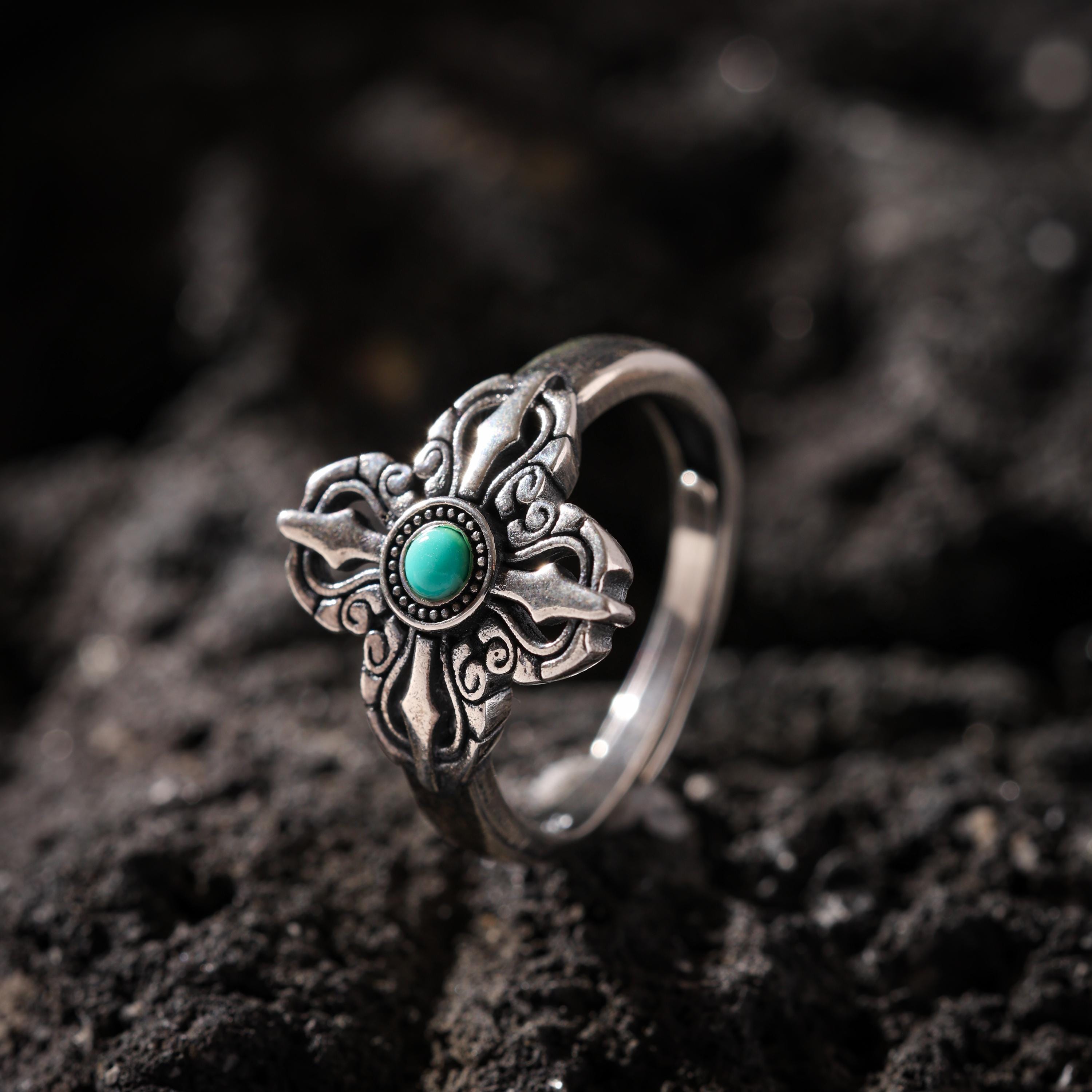 AURA DEER Crossed Vajra Turquoise Open Ring S925 Sterling Silver Tibetan Amulet