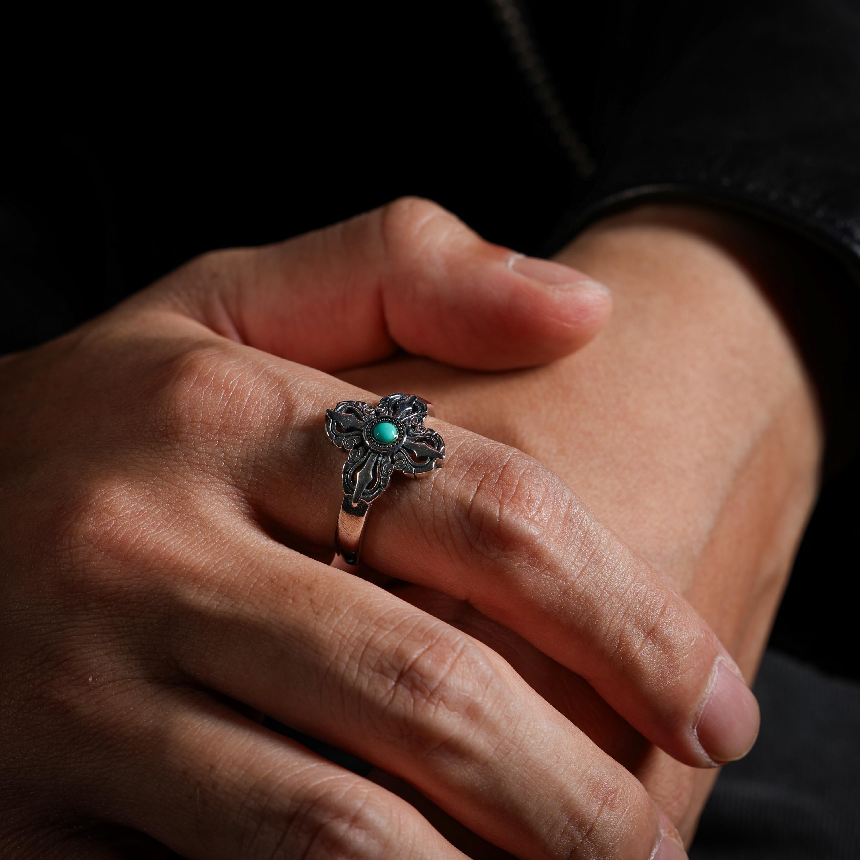 AURA DEER Crossed Vajra Turquoise Open Ring S925 Sterling Silver Tibetan Amulet