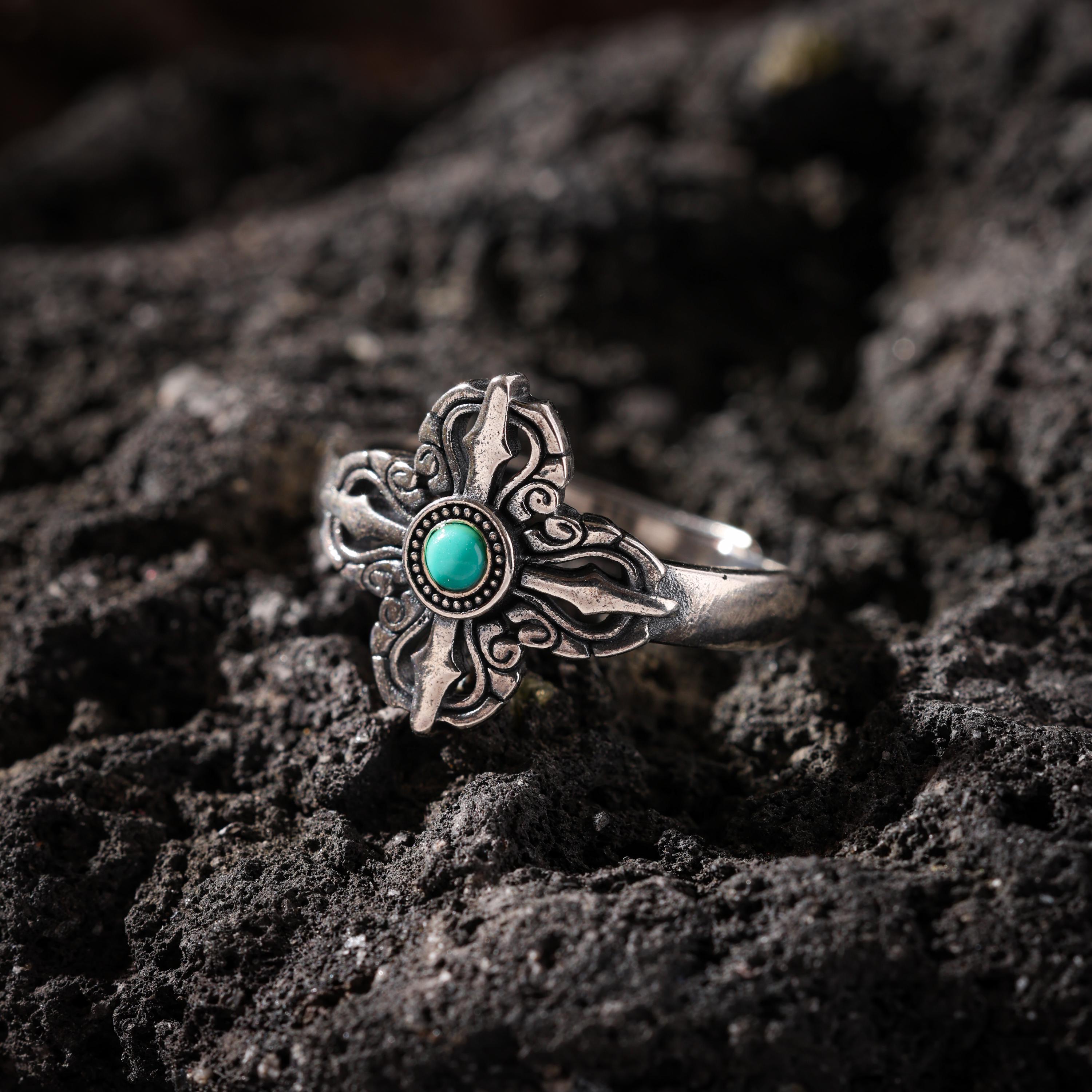 AURA DEER Crossed Vajra Turquoise Open Ring S925 Sterling Silver Tibetan Amulet
