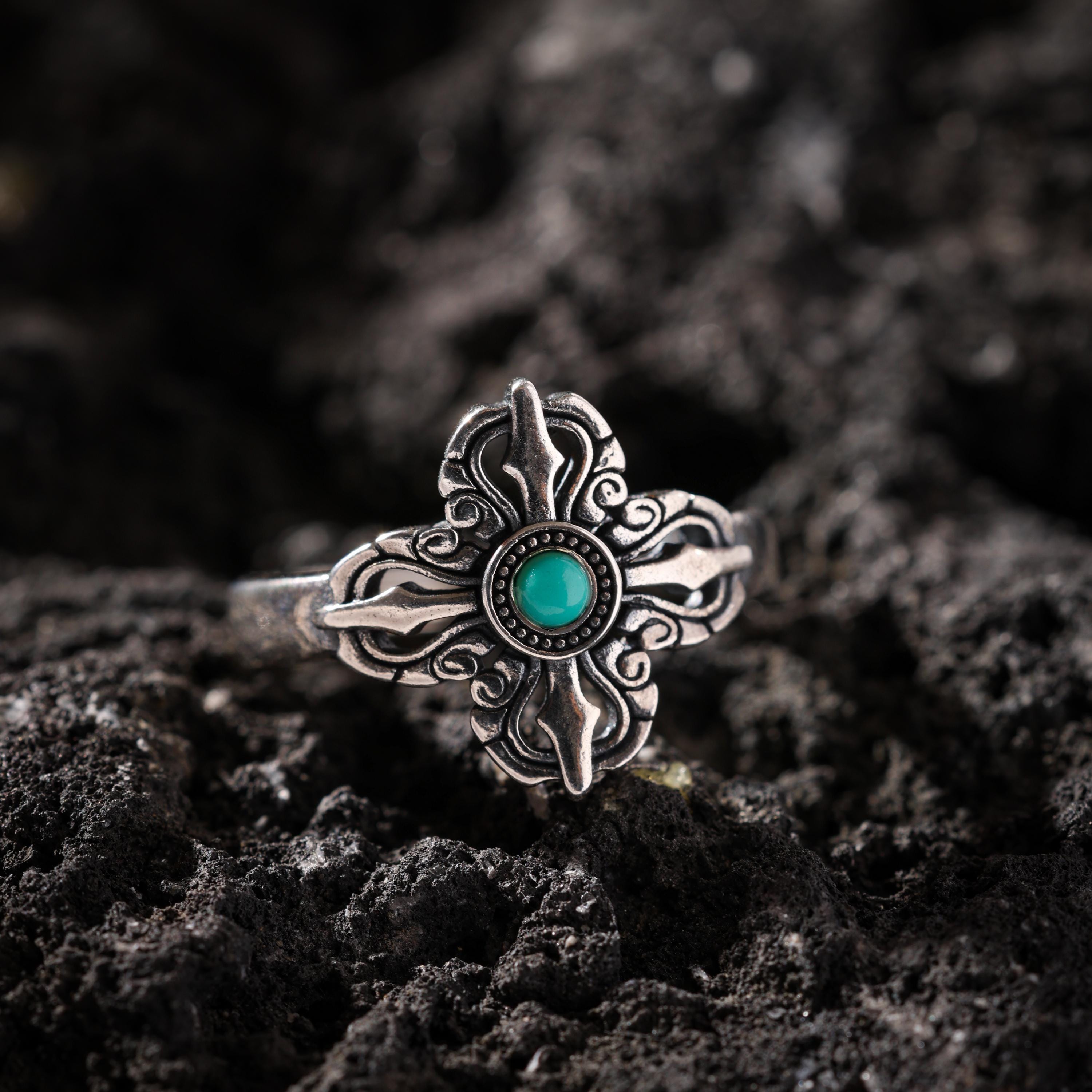 AURA DEER Crossed Vajra Turquoise Open Ring S925 Sterling Silver Tibetan Amulet