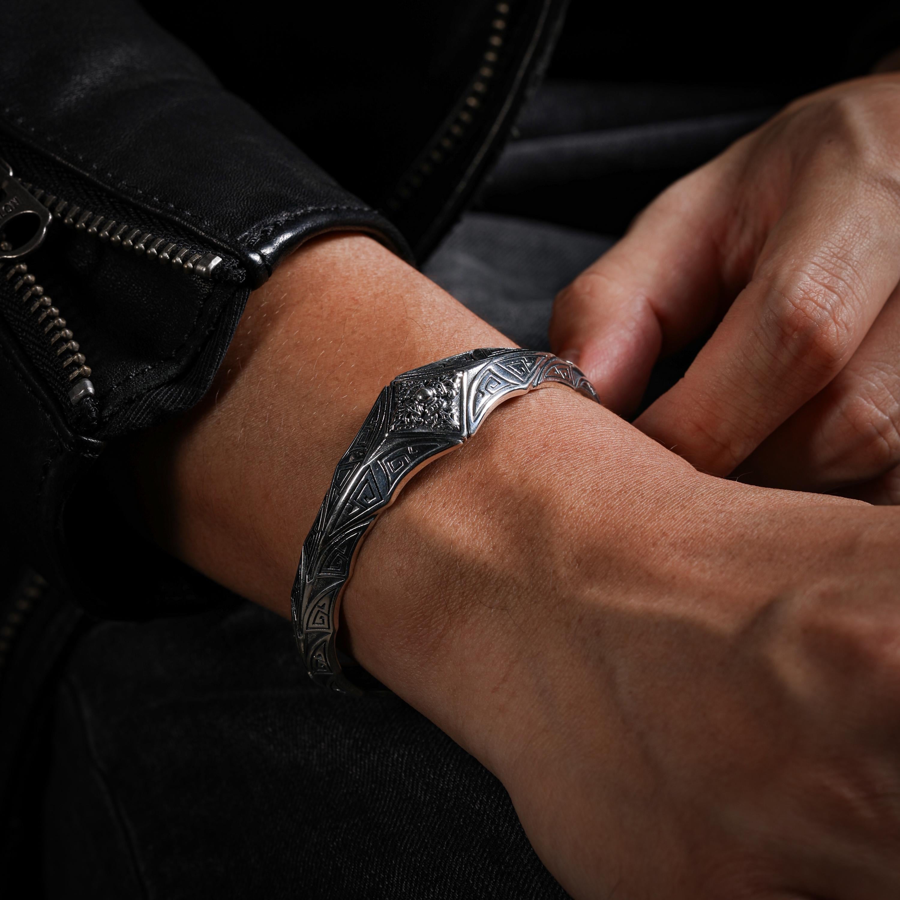 AURA DEER Vajra Open Cuff Bracelet S925 Sterling Silver Tibetan Amulet