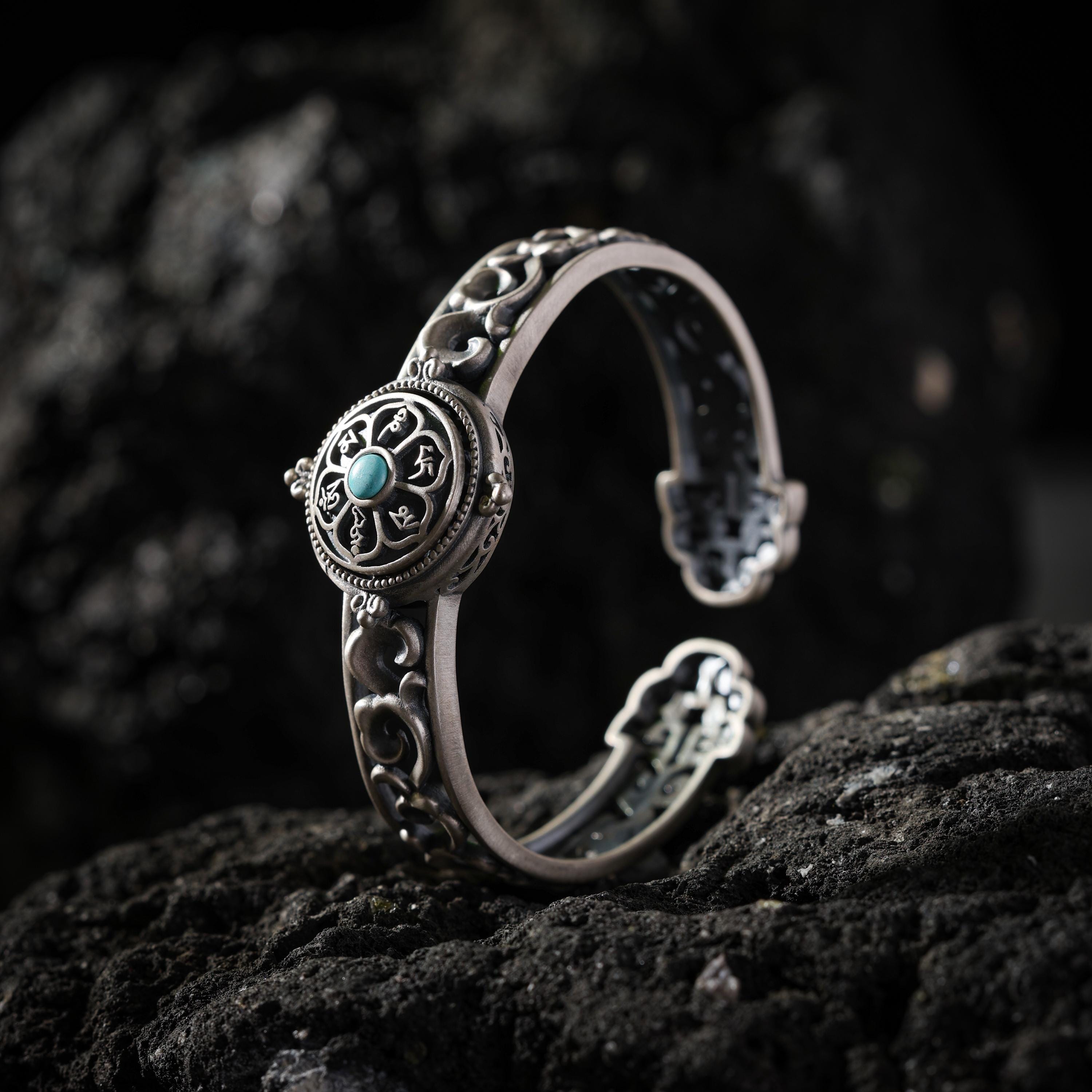 AURA DEER Rotating Six-Word Mantra Turquoise Sterling Silver Cuff Bracelet