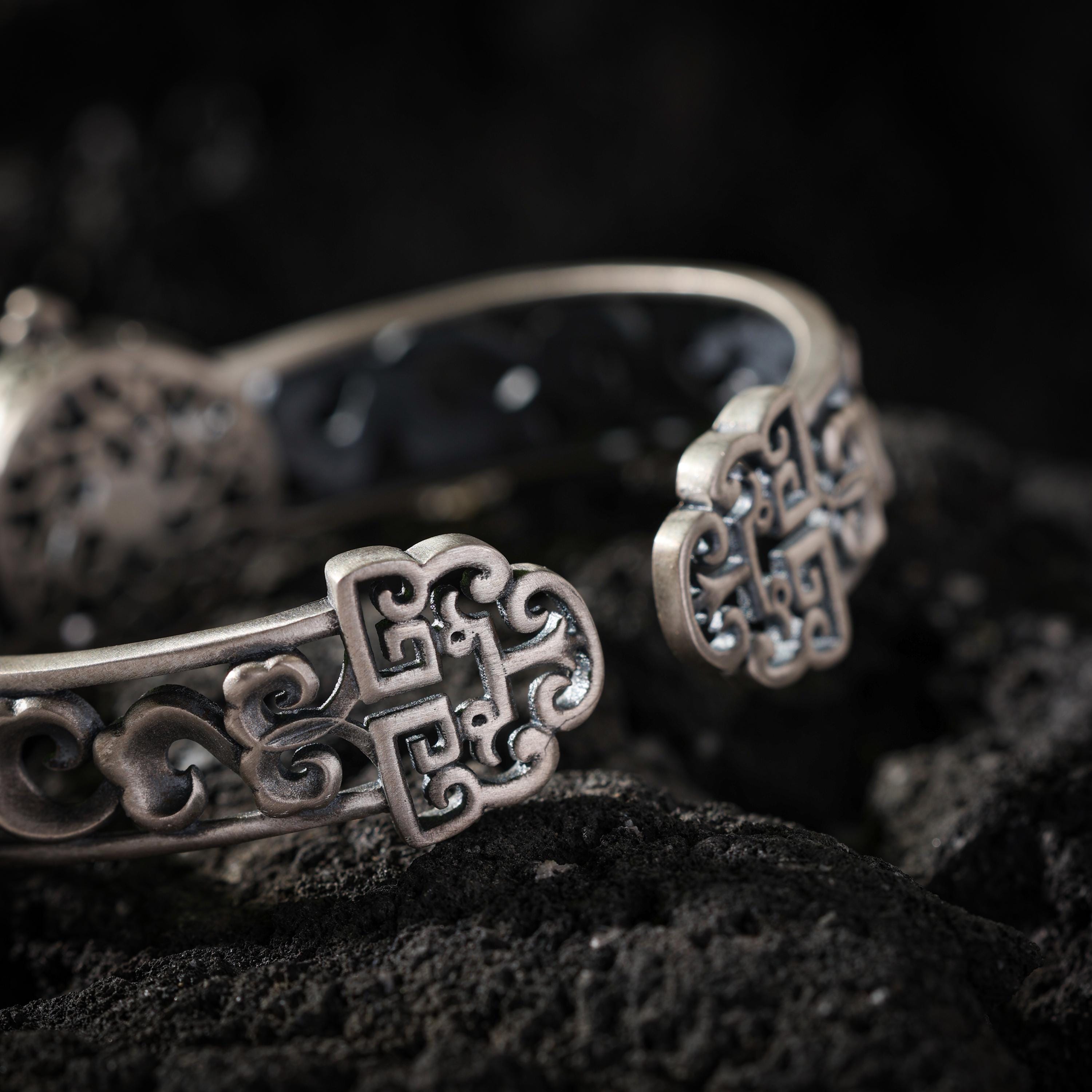 AURA DEER Rotating Six-Word Mantra Turquoise Sterling Silver Cuff Bracelet