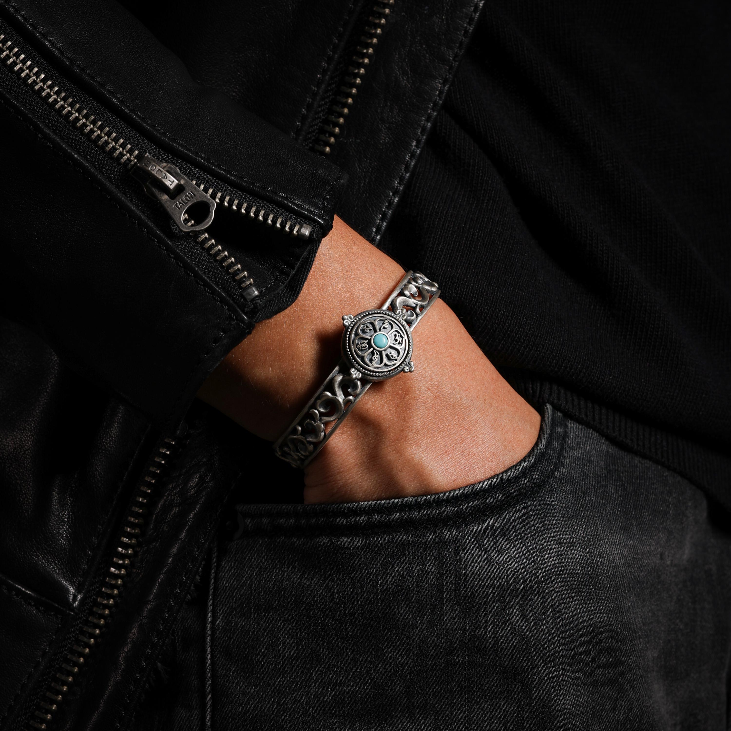 AURA DEER Rotating Six-Word Mantra Turquoise Sterling Silver Cuff Bracelet