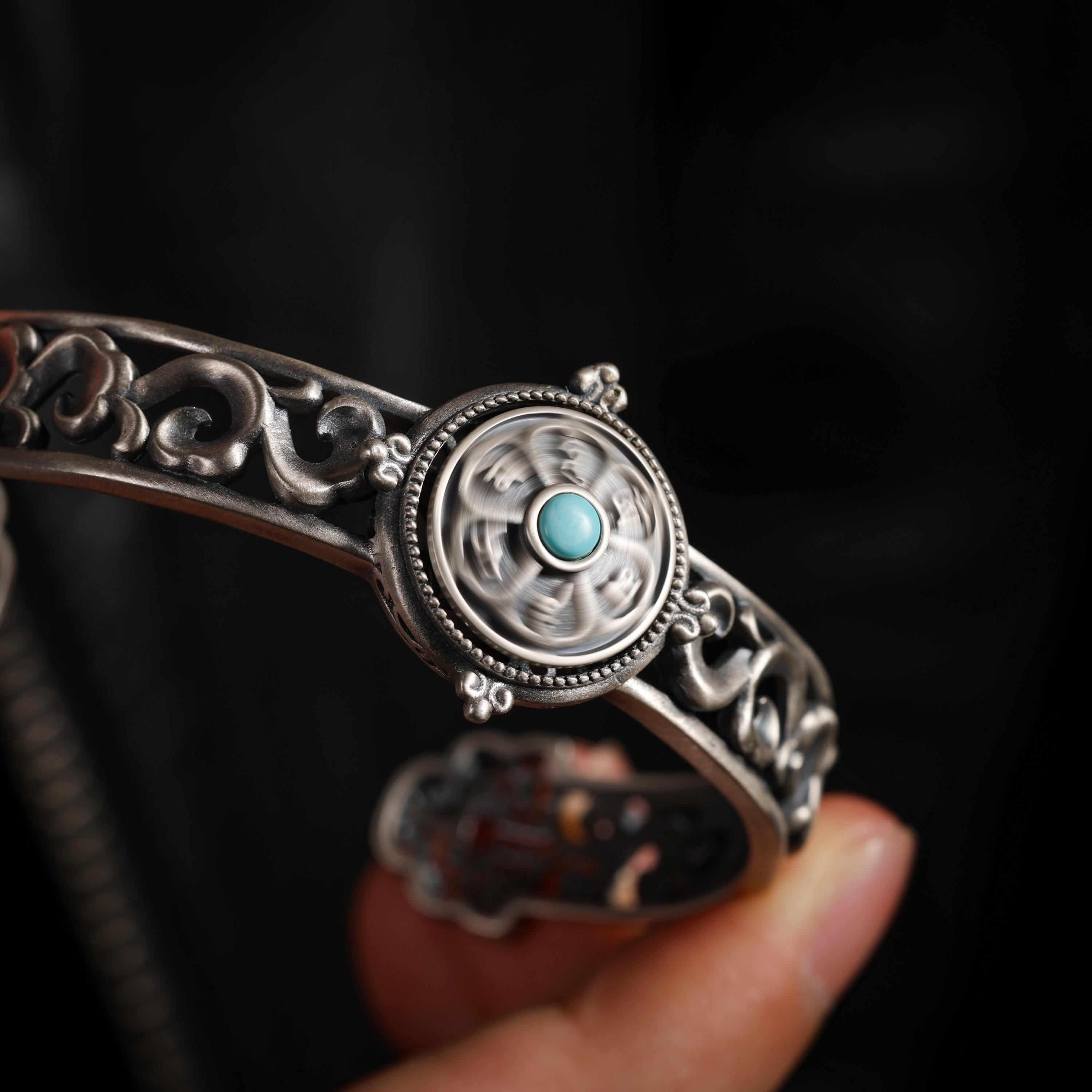 AURA DEER Rotating Six-Word Mantra Turquoise Sterling Silver Cuff Bracelet