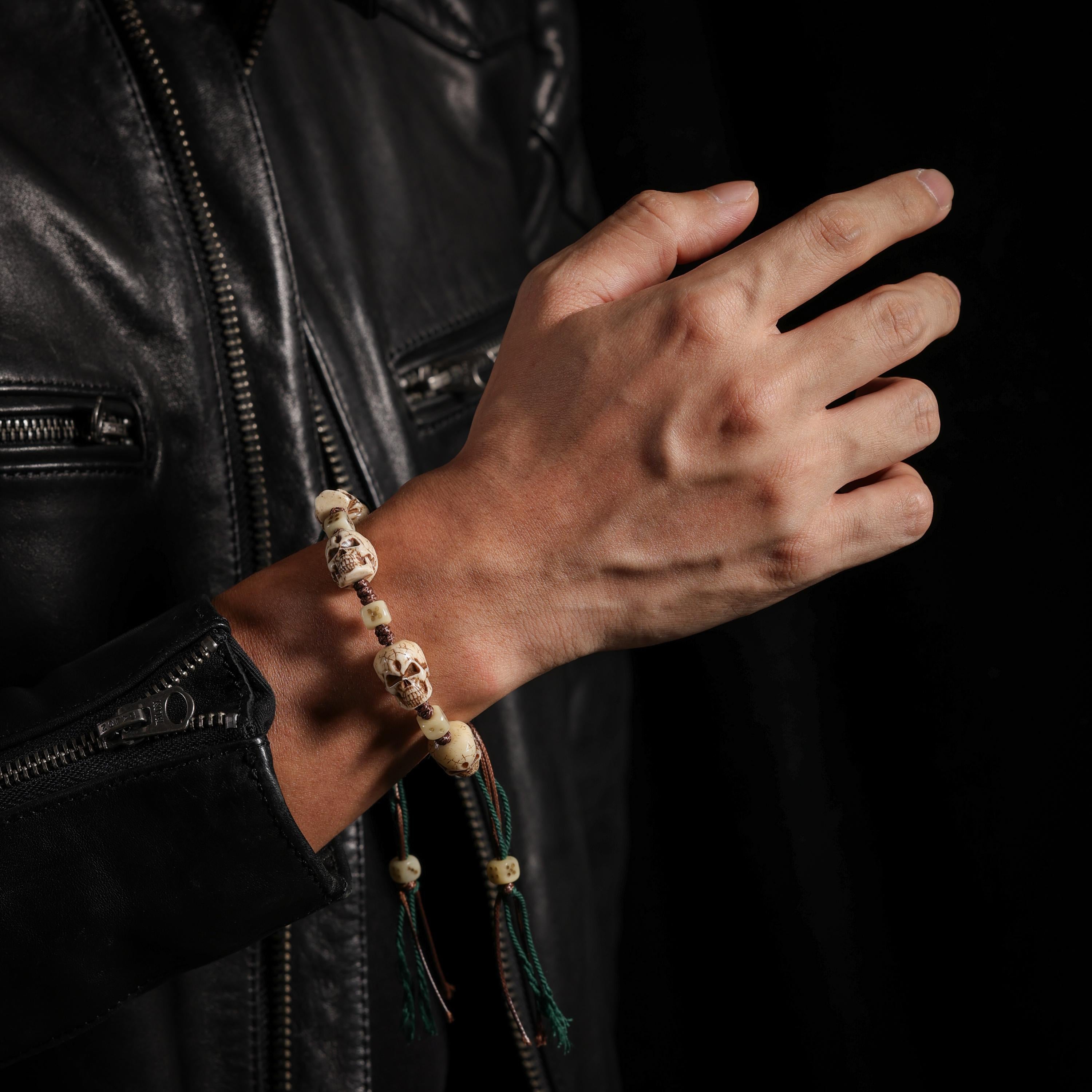 AURA DEER Yak Bone Carved Skull Bracelet Amulet